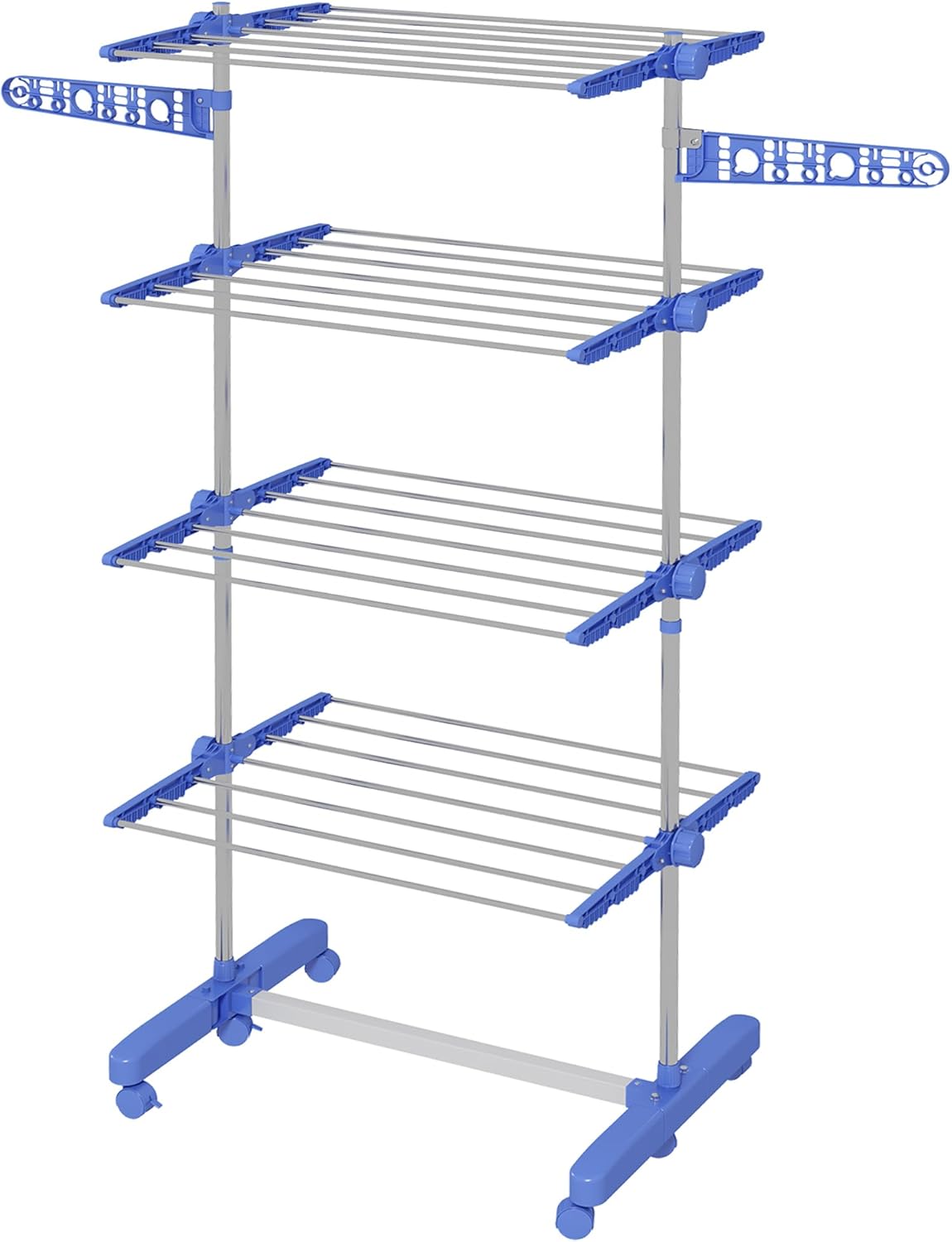 HOMCOM 4-Tier Clothes Airer, Foldable Clothes Drying Rack, Stainless Steel Indoor and Outdoor Clothes Dryer with Wheels and Wings, Easy Assembly, 142 x 55 x 172cm, Blue-0