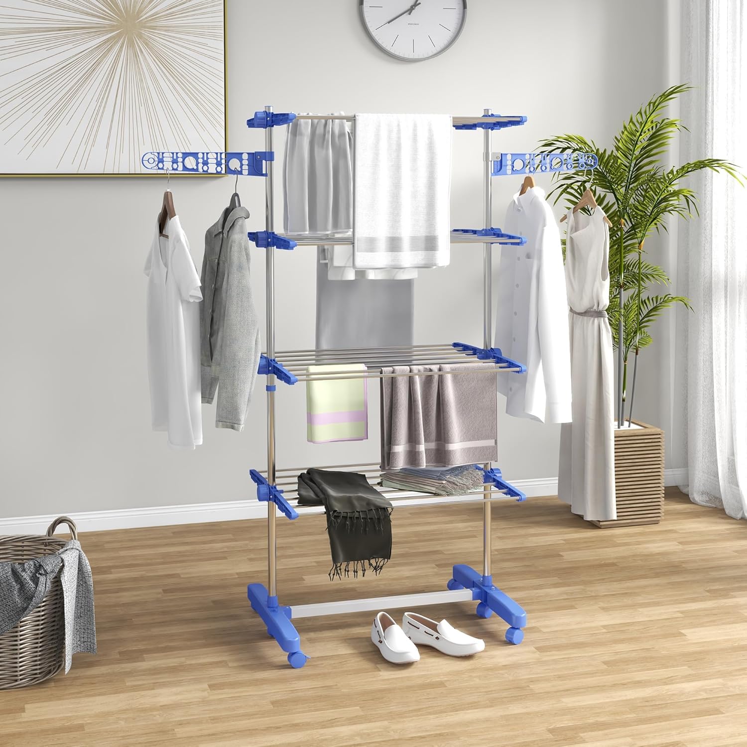 HOMCOM 4-Tier Clothes Airer, Foldable Clothes Drying Rack, Stainless Steel Indoor and Outdoor Clothes Dryer with Wheels and Wings, Easy Assembly, 142 x 55 x 172cm, Blue-1