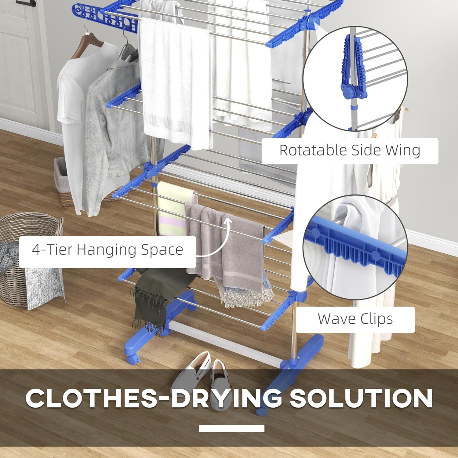 HOMCOM 4-Tier Clothes Airer, Foldable Clothes Drying Rack, Stainless Steel Indoor and Outdoor Clothes Dryer with Wheels and Wings, Easy Assembly, 142 x 55 x 172cm, Blue-3