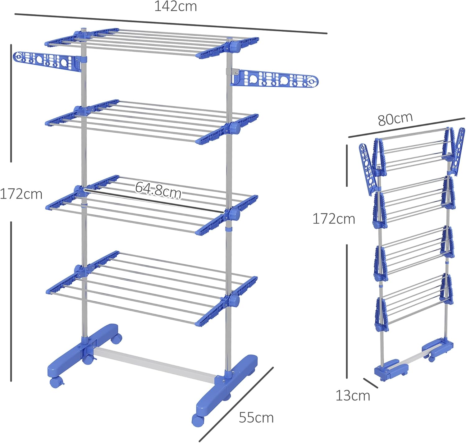 HOMCOM 4-Tier Clothes Airer, Foldable Clothes Drying Rack, Stainless Steel Indoor and Outdoor Clothes Dryer with Wheels and Wings, Easy Assembly, 142 x 55 x 172cm, Blue-4