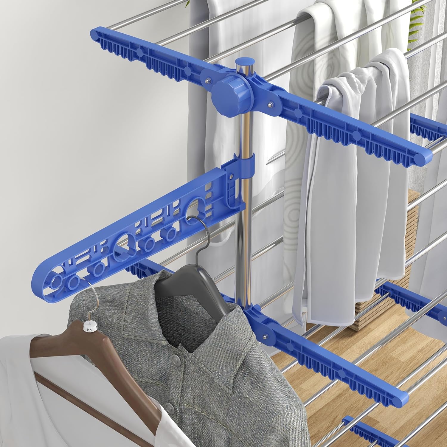 HOMCOM 4-Tier Clothes Airer, Foldable Clothes Drying Rack, Stainless Steel Indoor and Outdoor Clothes Dryer with Wheels and Wings, Easy Assembly, 142 x 55 x 172cm, Blue-7