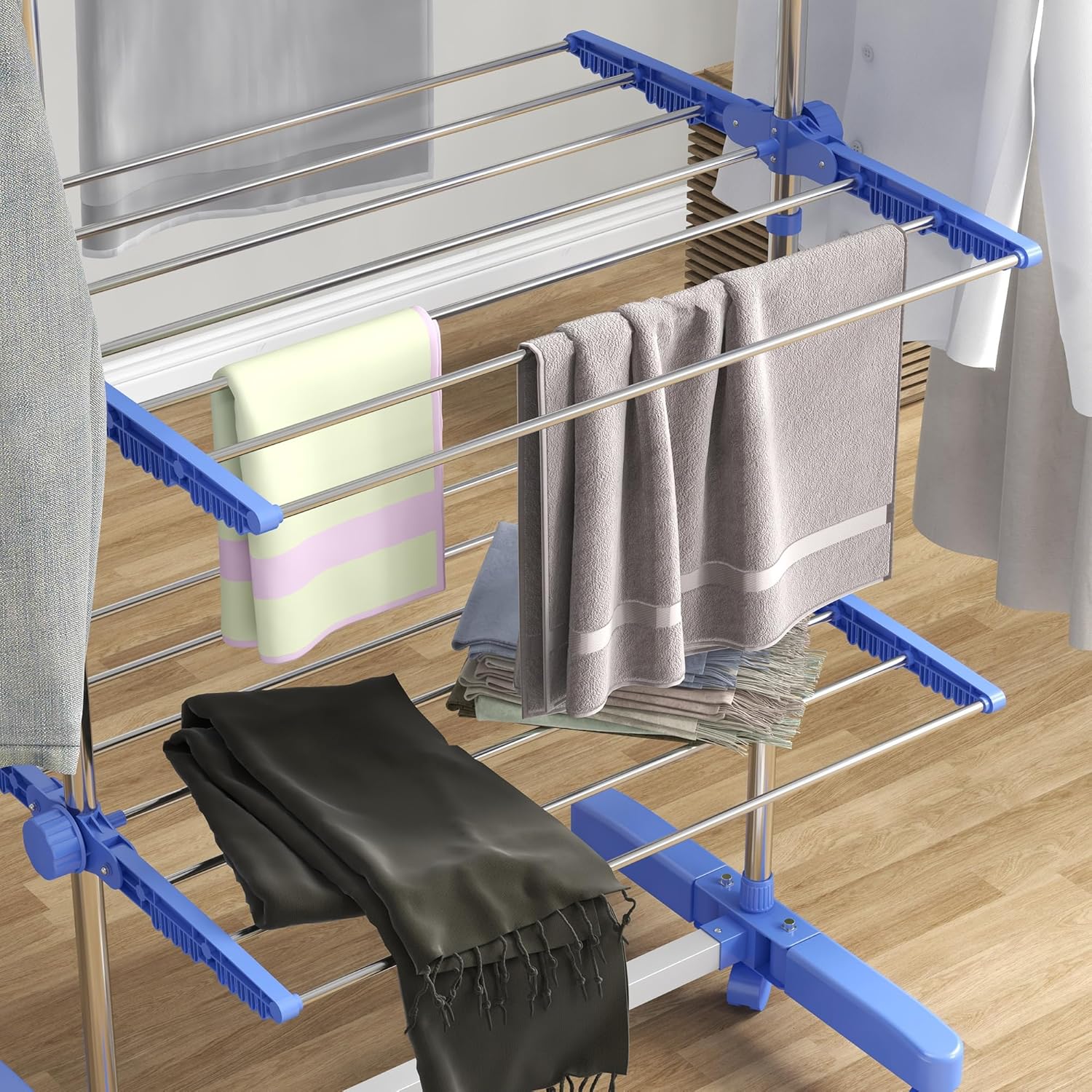 HOMCOM 4-Tier Clothes Airer, Foldable Clothes Drying Rack, Stainless Steel Indoor and Outdoor Clothes Dryer with Wheels and Wings, Easy Assembly, 142 x 55 x 172cm, Blue-8