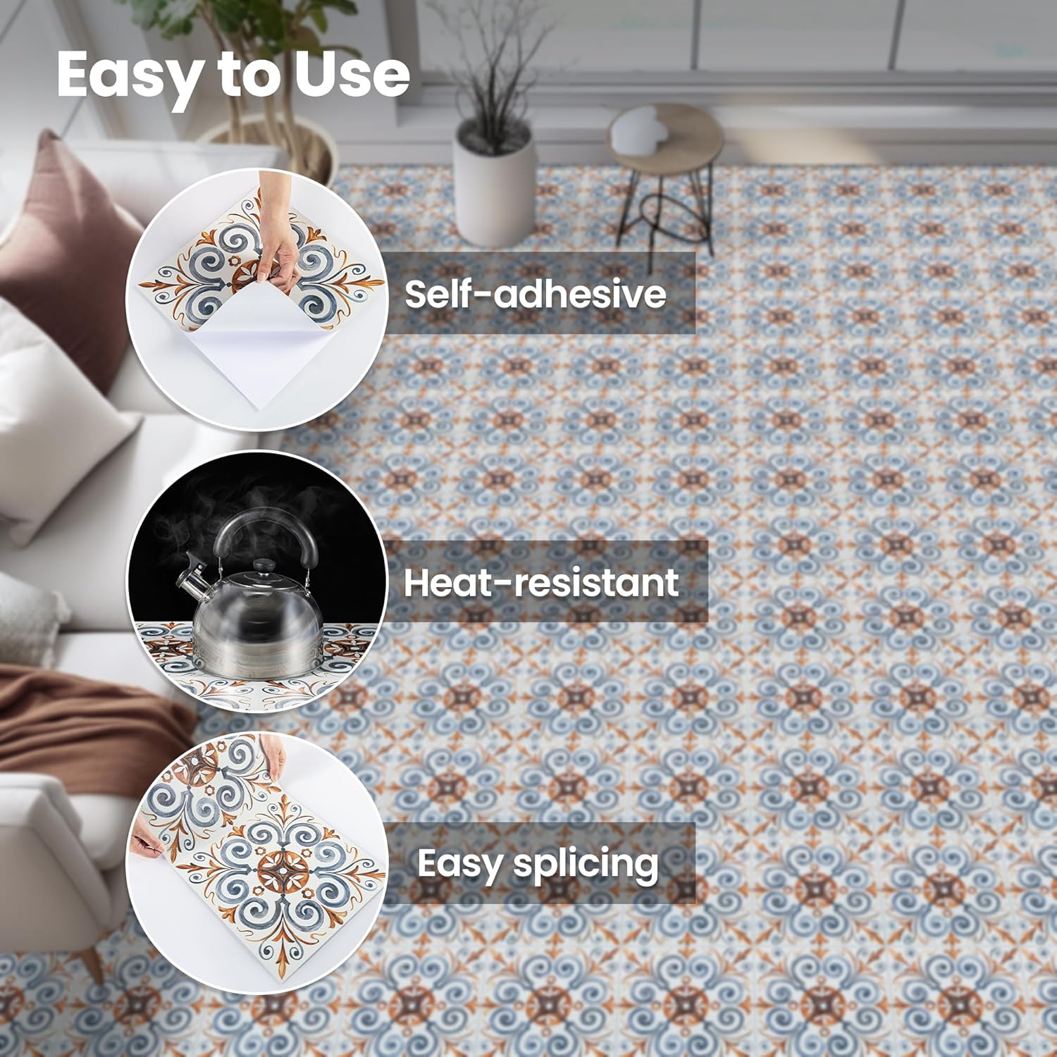 Elffloor Peel and Stick Floor Tiles, Floor Tiles Self Adhesive Vinyl Flooring for Bathroom Kitchen Living Room, Waterproof PVC Stick on Floor Tiles Easy to Use 20x20cm 80pcs 1mm-4