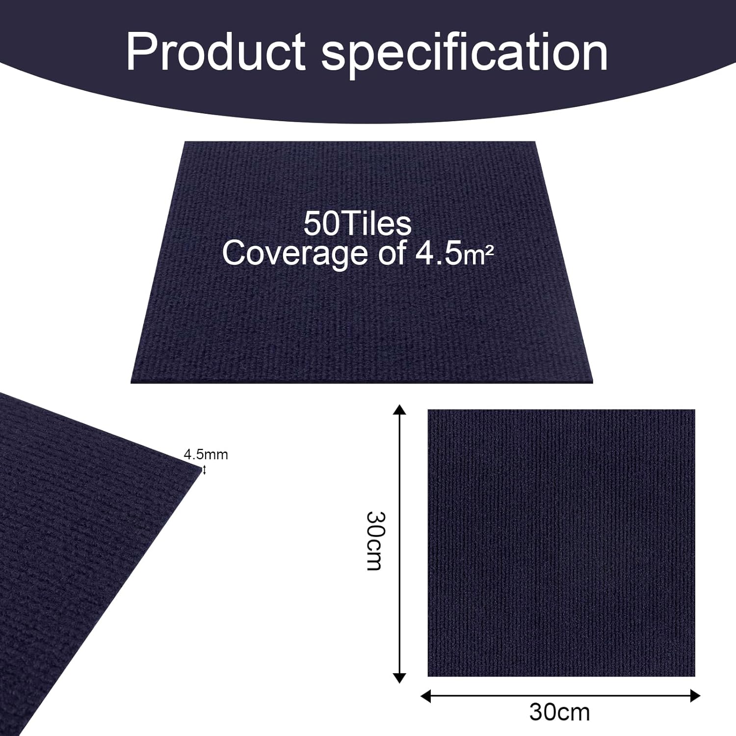 Elffloor Carpet Tiles Self Adhesive Carpet Floor Tiles, Anti-Slip Flooring Rugs for Living Room Office Bedroom, Dark Blue Peel and Stick Carpet Floor Thick 4.5mm 30 x 30 cm 50pcs-6