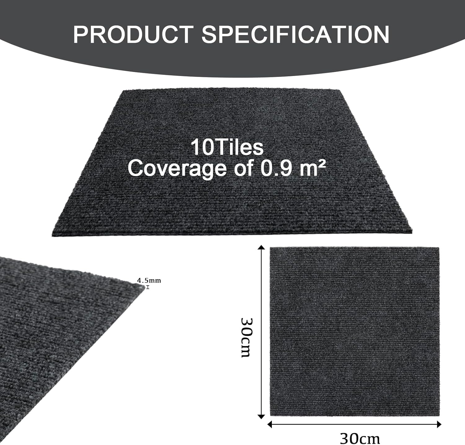 Elffloor Carpet Tiles Self Adhesive Carpet Floor Tiles, Anti-Slip Flooring Rugs for Living Room Office Bedroom, Dark Grey Peel and Stick Carpet Floor Thick 4.5mm 30 x 30 cm 50pcs-6