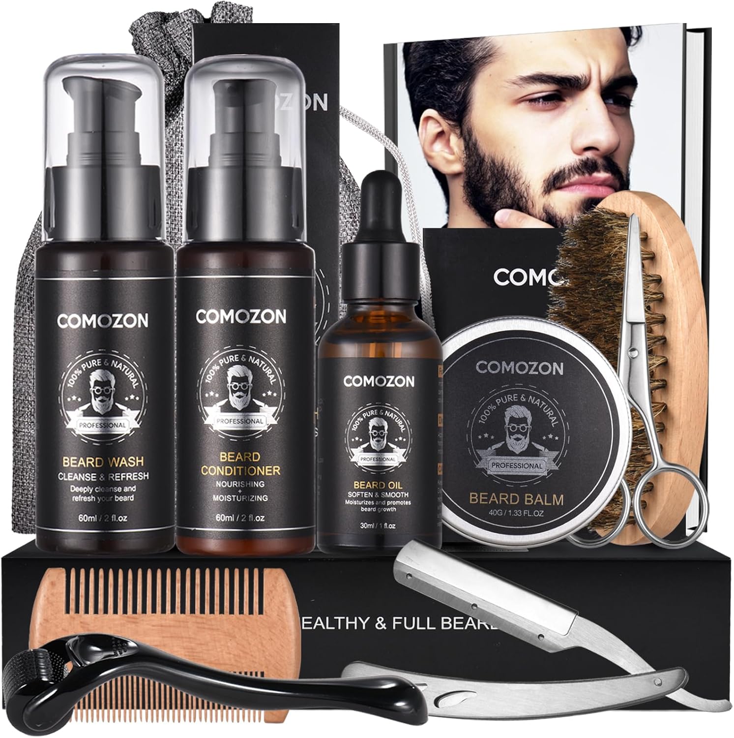 Beard Grooming Kit for Men, 12 in 1 Beard Growth Kit with Beard Roller, Beard Care Kit with Beard Oil, Beard Shampoo, Beard Conditioner, Beard Brush, Beard Balm, Beard Comb, Scissors, Gifts for Him-0