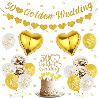 50th Golden Wedding Anniversary Decorations - 50th Golden Wedding Banner Garland Cake Toppers Balloons and Confetti Set, Cheers to 50s Anniversary Themed Party Supplies for Couples