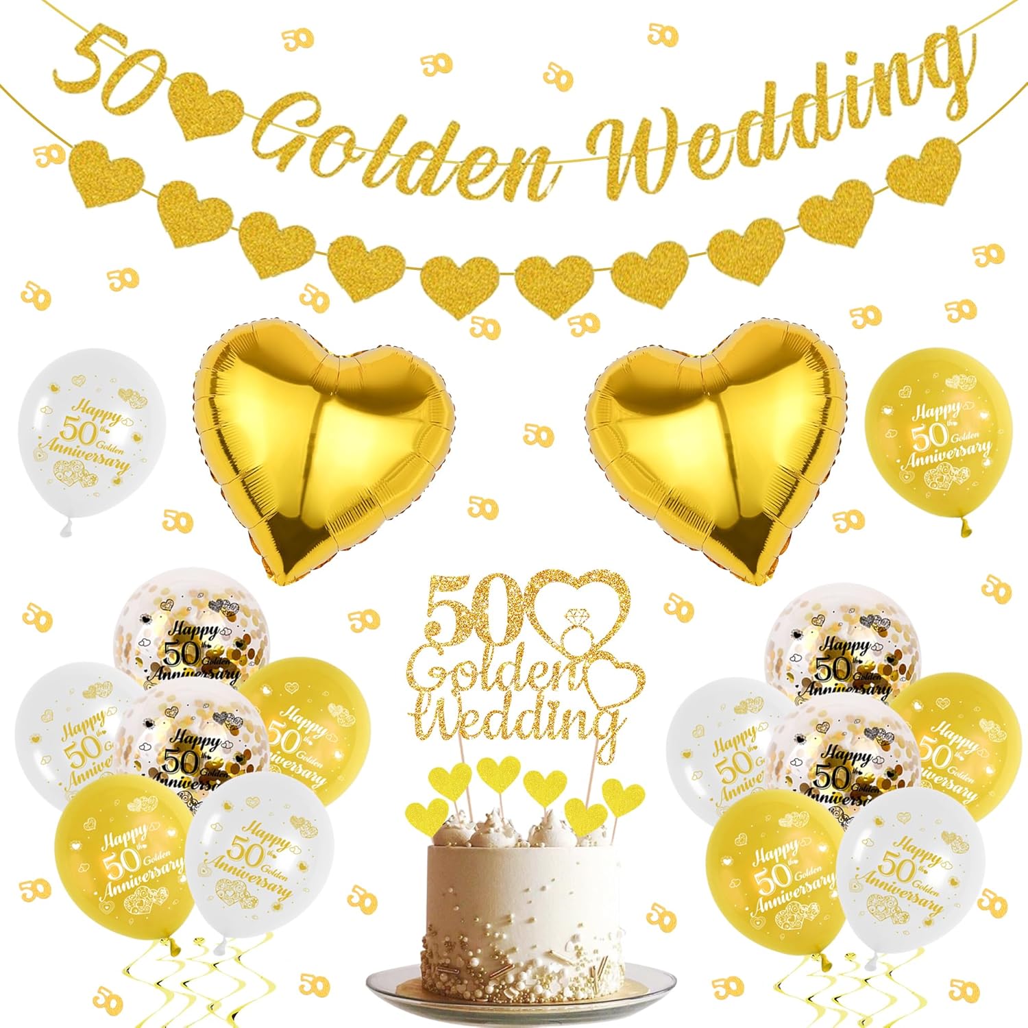 50th Golden Wedding Anniversary Decorations - 50th Golden Wedding Banner Garland Cake Toppers Balloons and Confetti Set, Cheers to 50s Anniversary Themed Party Supplies for Couples-0