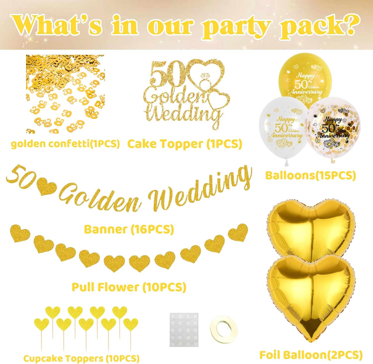 50th Golden Wedding Anniversary Decorations - 50th Golden Wedding Banner Garland Cake Toppers Balloons and Confetti Set, Cheers to 50s Anniversary Themed Party Supplies for Couples-1