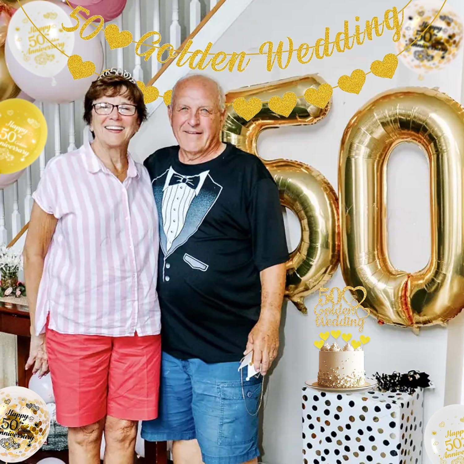 50th Golden Wedding Anniversary Decorations - 50th Golden Wedding Banner Garland Cake Toppers Balloons and Confetti Set, Cheers to 50s Anniversary Themed Party Supplies for Couples-2