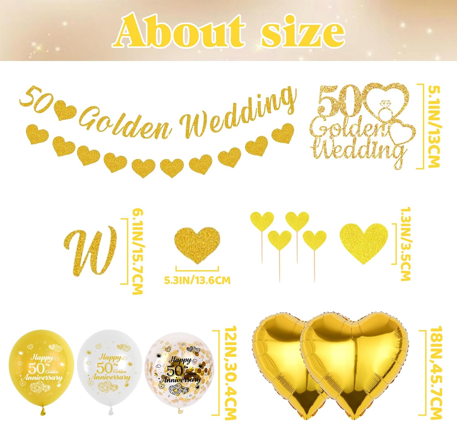 50th Golden Wedding Anniversary Decorations - 50th Golden Wedding Banner Garland Cake Toppers Balloons and Confetti Set, Cheers to 50s Anniversary Themed Party Supplies for Couples-5