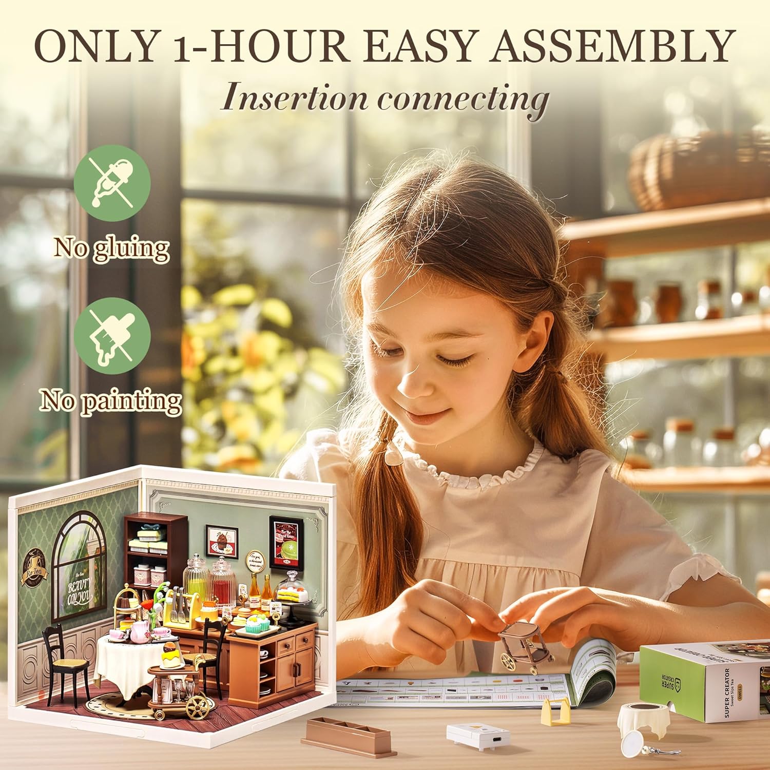 ROBOTIME DIY Miniature House Kit, Dollhouse Model Building Craft Kit with LED for Adults and Kids, Birthday Gift (Tea House)-2