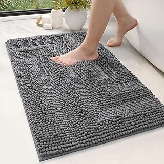 DEXI Chenille Bath Mat 50 x 80 cm, Non Slip Bath Mats for Inside Bath, Super Absorbent and Washable Bathroom Mat, Soft Fluffy Bath Rug for Bathroom, Bathtub, Shower, Grey