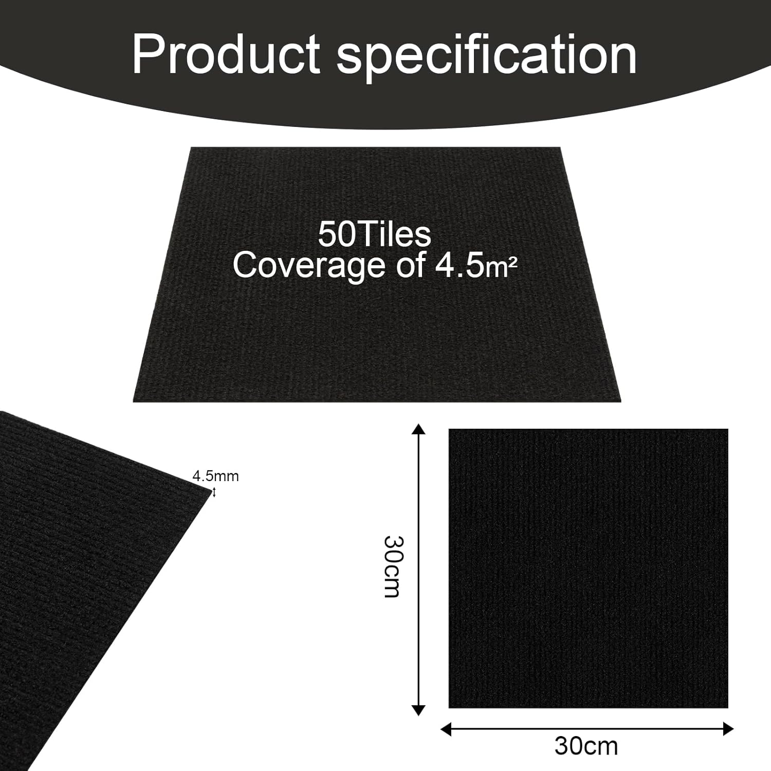 Elffloor Carpet Tiles Self Adhesive Carpet Floor Tiles, Anti-Slip Flooring Rugs for Living Room Office Bedroom, Black Peel and Stick Carpet Floor Thick 4.5mm 30 x 30 cm 50pcs-6