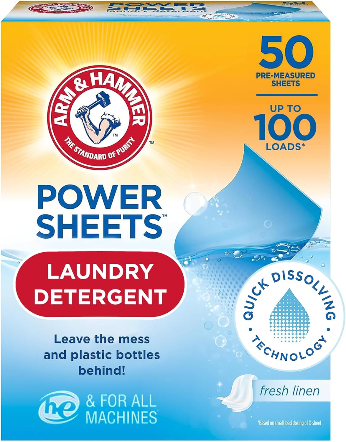 Arm and Hammer Power Sheets Laundry Detergent, Fresh Linen Laundry Sheets 50ct, up to 100 Small Loads, Ultraconcentrated Washing Detergent for deep clean, Laundry Detergent Sheets for Washing Machine-0