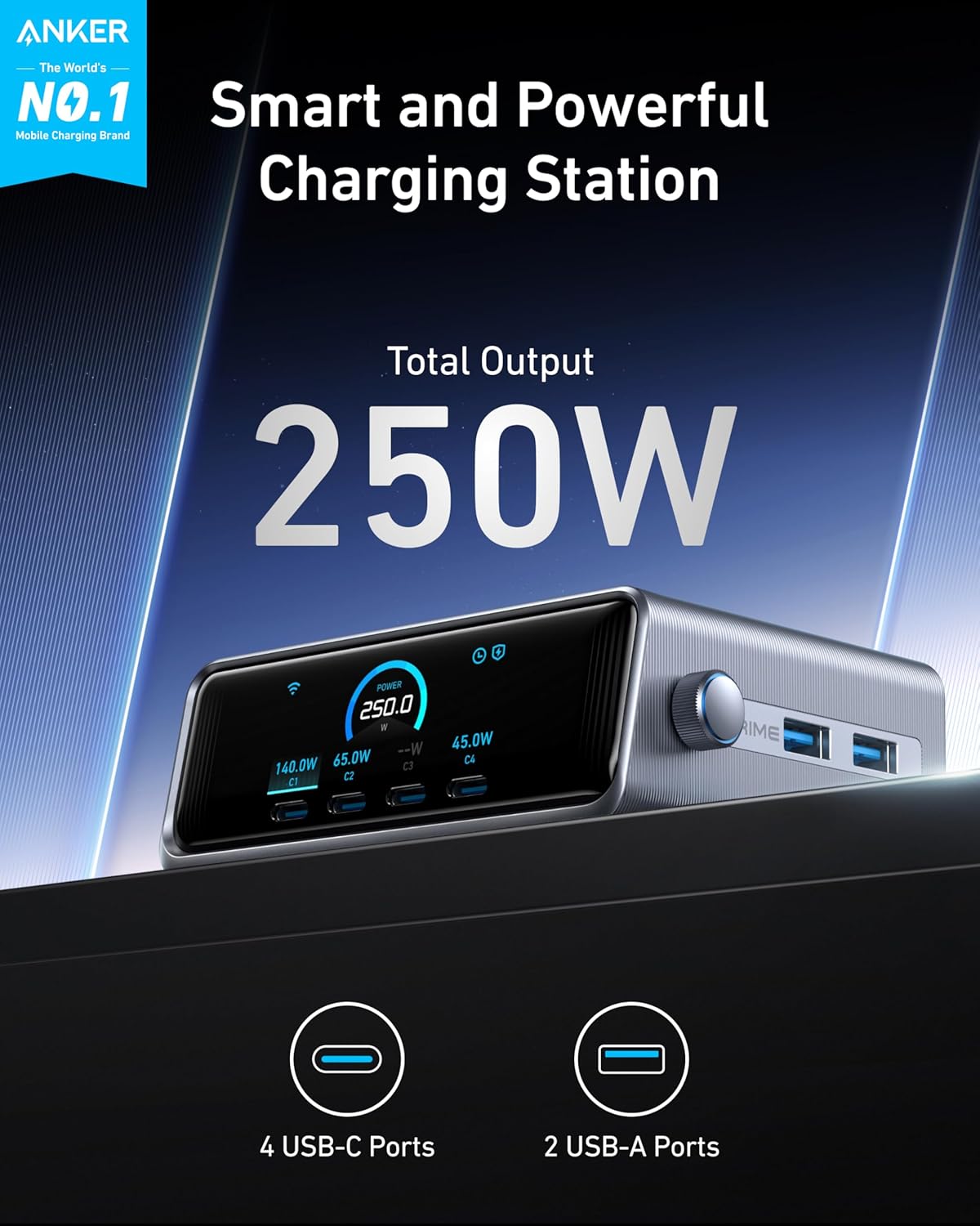 Anker Prime 250W USB C Charger, Ultra-Fast 6-Port GaN Charging Station, 2.26" LCD Display and Smart Control Dial, Compatible with MacBook Pro/Air, iPhone 15/14/13, Pixel, Galaxy, Apple Watch, and More-1