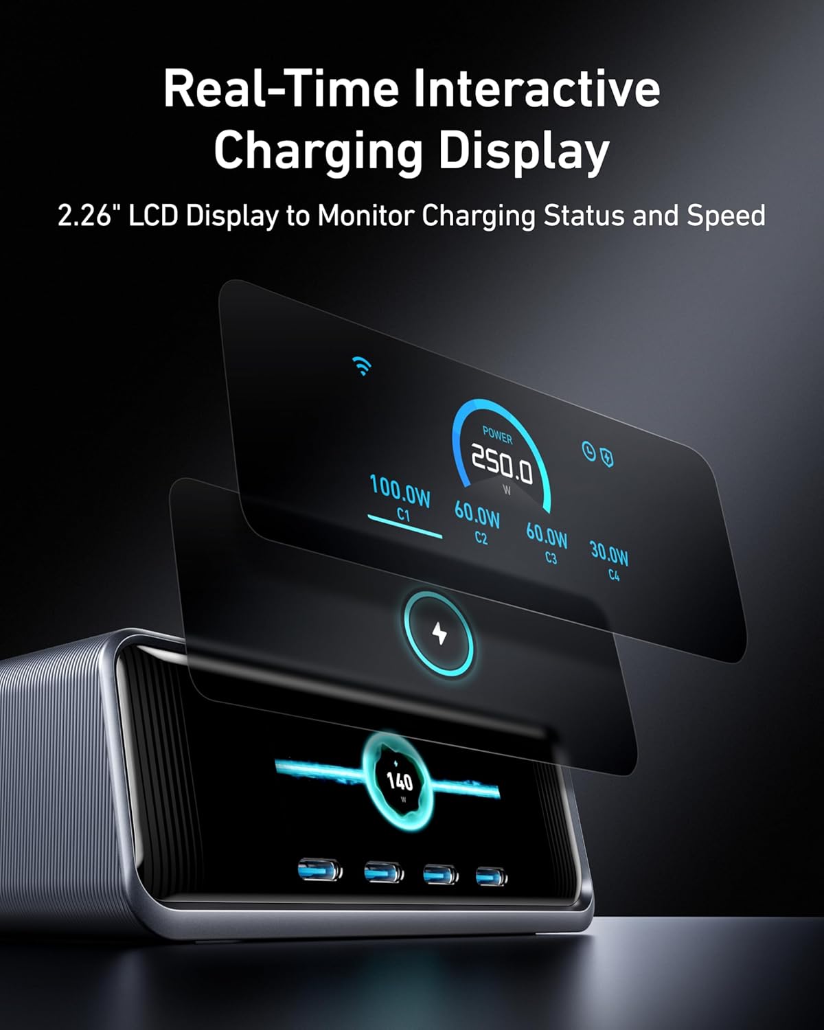 Anker Prime 250W USB C Charger, Ultra-Fast 6-Port GaN Charging Station, 2.26" LCD Display and Smart Control Dial, Compatible with MacBook Pro/Air, iPhone 15/14/13, Pixel, Galaxy, Apple Watch, and More-3