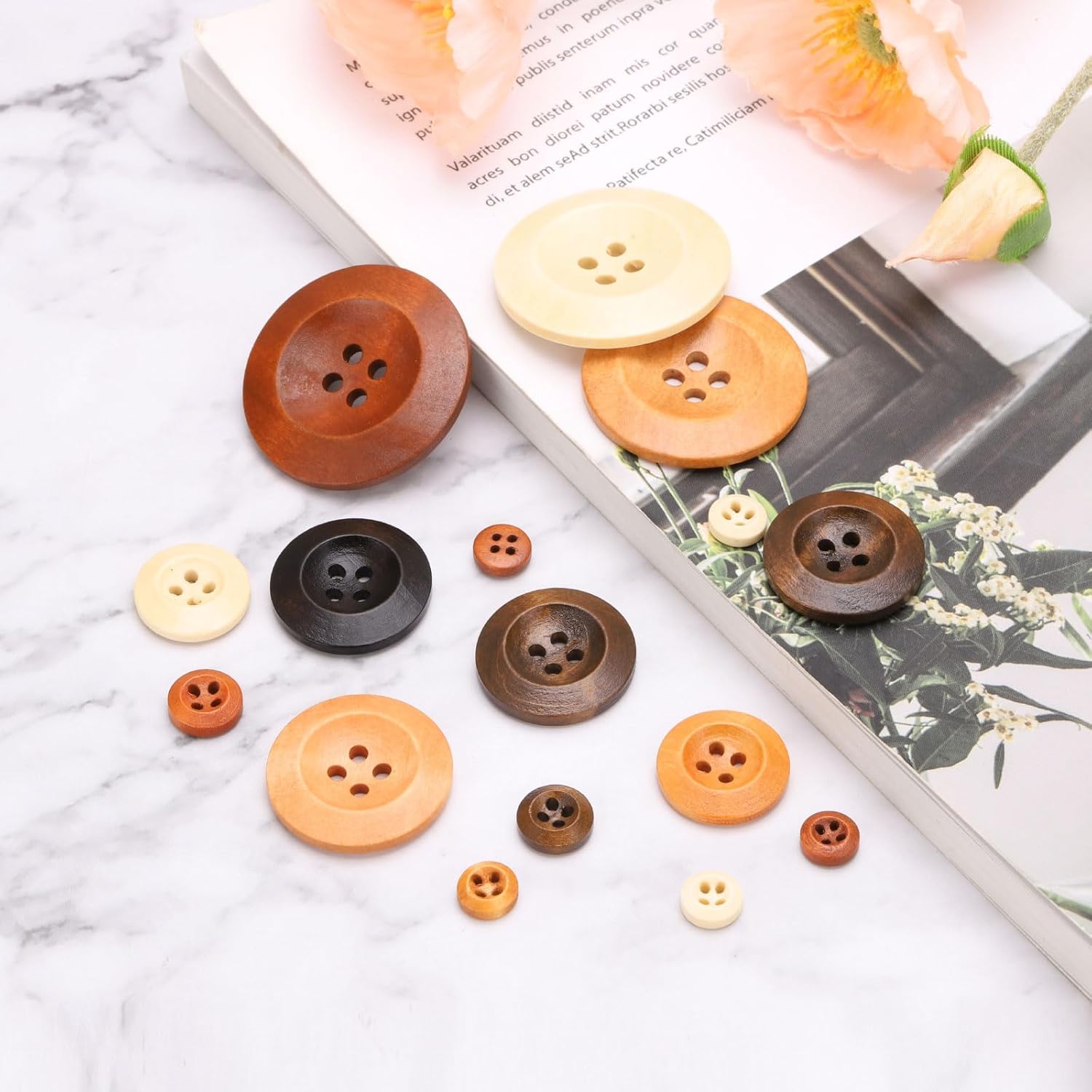 sourcing map 80Pcs Wooden Buttons, 11.5mm(15/32") 4 Hole Round Wood Sewing Button Craft for Sewing DIY Craft Clothing, Dark Brown-3