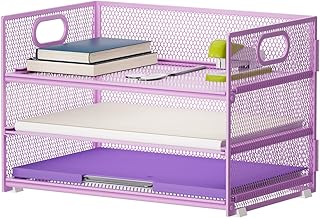 Marbrasse Desk Organiser,3 Tire Letter Paper Tray organiser with Handle,Mesh desk organiser tray for A4 File,Home Office Supplies (Purple)