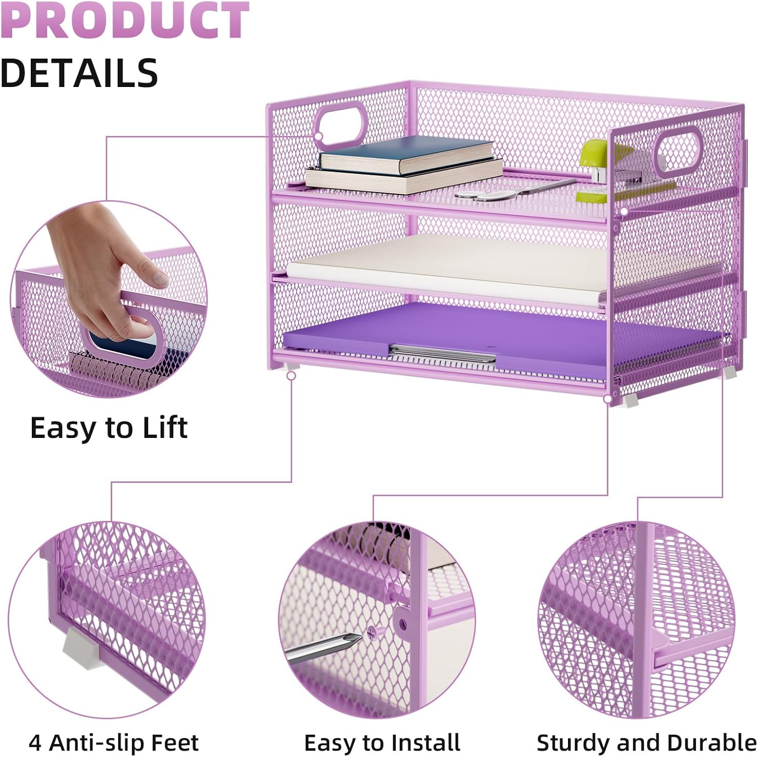 Marbrasse Desk Organiser,3 Tire Letter Paper Tray organiser with Handle,Mesh desk organiser tray for A4 File,Home Office Supplies (Purple)-3