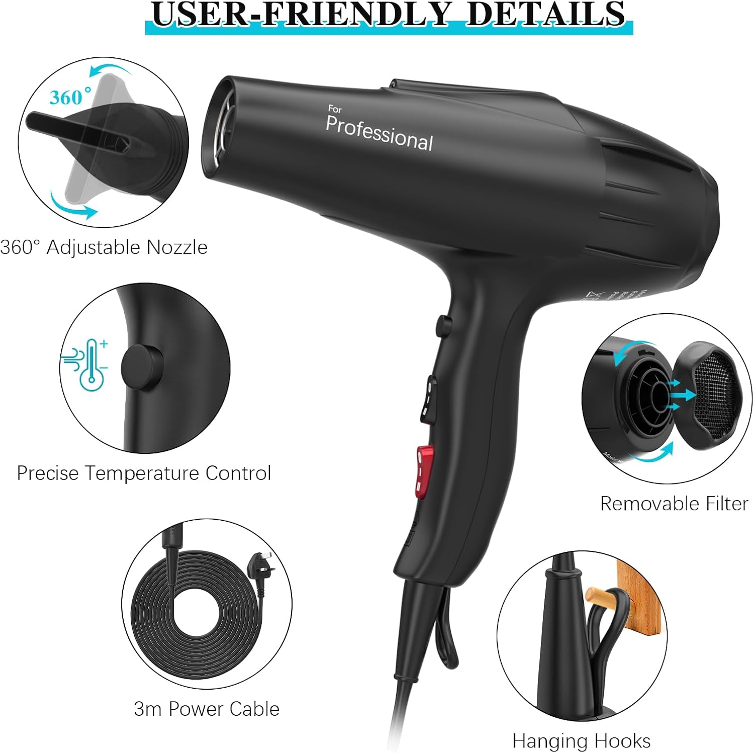 ZFAUOL 2500W Hairdryer, Professional Hair Dryer with Diffuser, (2 Speed Settings, 3 Heat, 3 Concentrator, Cool Shot Button, Powerful AC Motor)-3