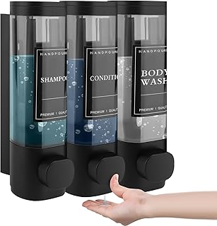 MEKOTRIN Soap Dispenser Wall Mounted, Shampoo and Conditioner Dispenser 3 Chamber Shower Gel Dispenser Hand Washing Liquid Dispenser ABS No Drill Set for Bathroom Kitchen 300ML*3(Black)