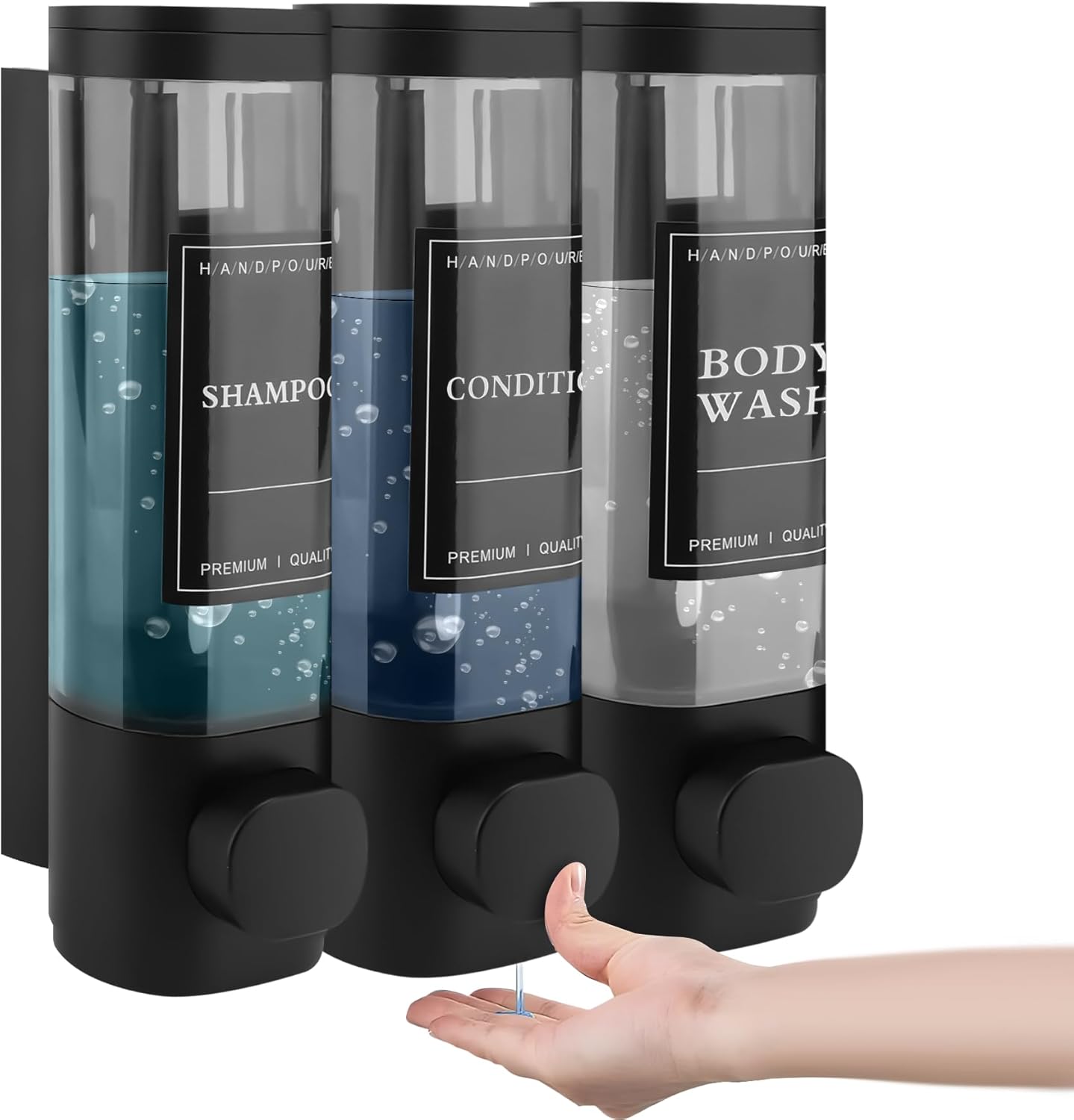 MEKOTRIN Soap Dispenser Wall Mounted, Shampoo and Conditioner Dispenser 3 Chamber Shower Gel Dispenser Hand Washing Liquid Dispenser ABS No Drill Set for Bathroom Kitchen 300ML*3(Black)-0