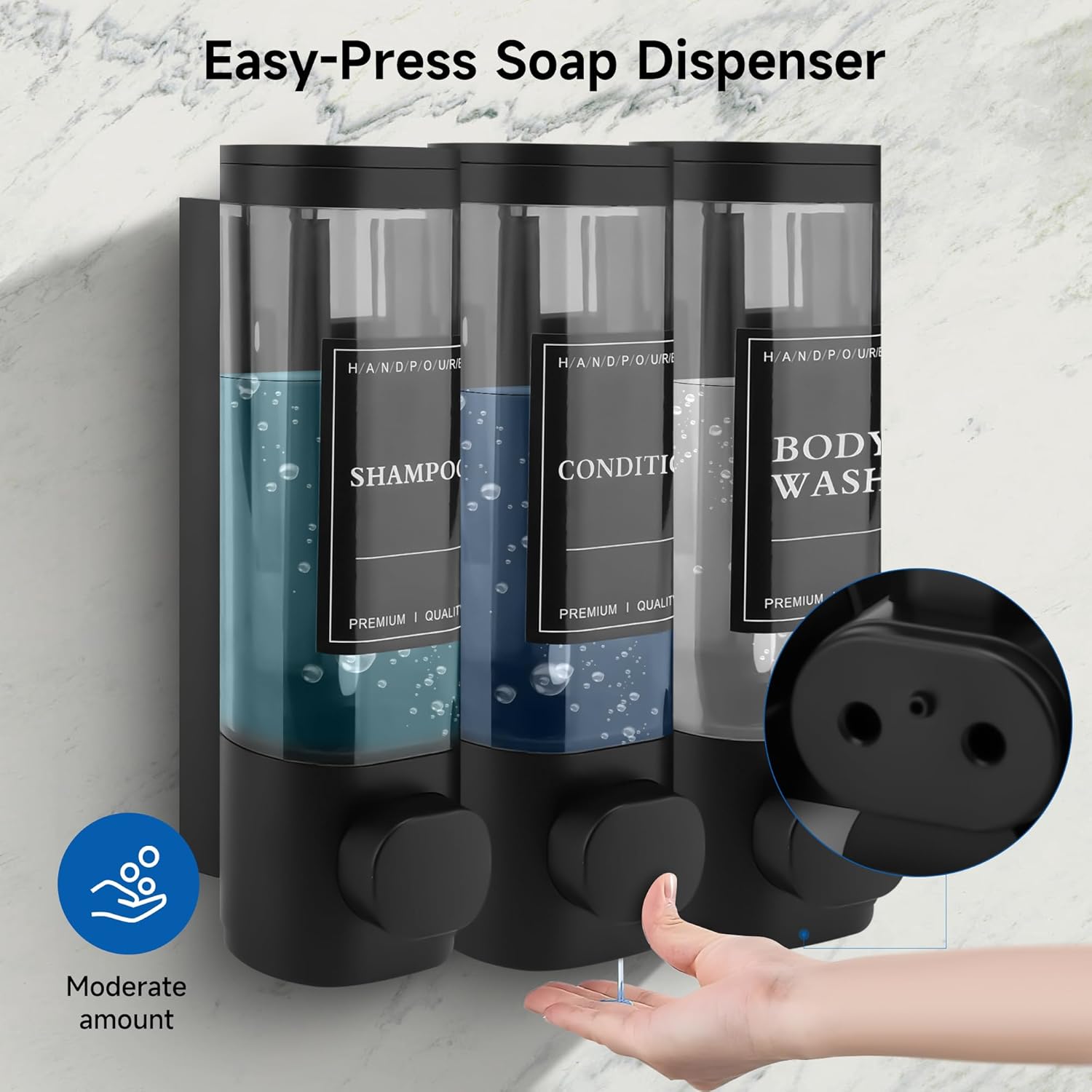 MEKOTRIN Soap Dispenser Wall Mounted, Shampoo and Conditioner Dispenser 3 Chamber Shower Gel Dispenser Hand Washing Liquid Dispenser ABS No Drill Set for Bathroom Kitchen 300ML*3(Black)-1