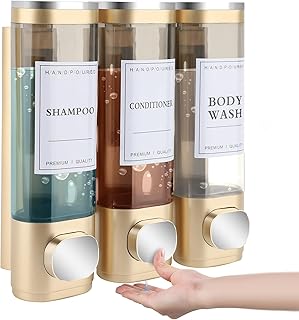 MEKOTRIN Shampoo and Conditioner Dispenser, Soap Dispenser Wall Mounted 3 Chamber Shower Gel Dispenser Hand Washing Liquid Dispenser ABS No Drill Set for Bathroom Kitchen 300ML*3 5 Colors(Gold)