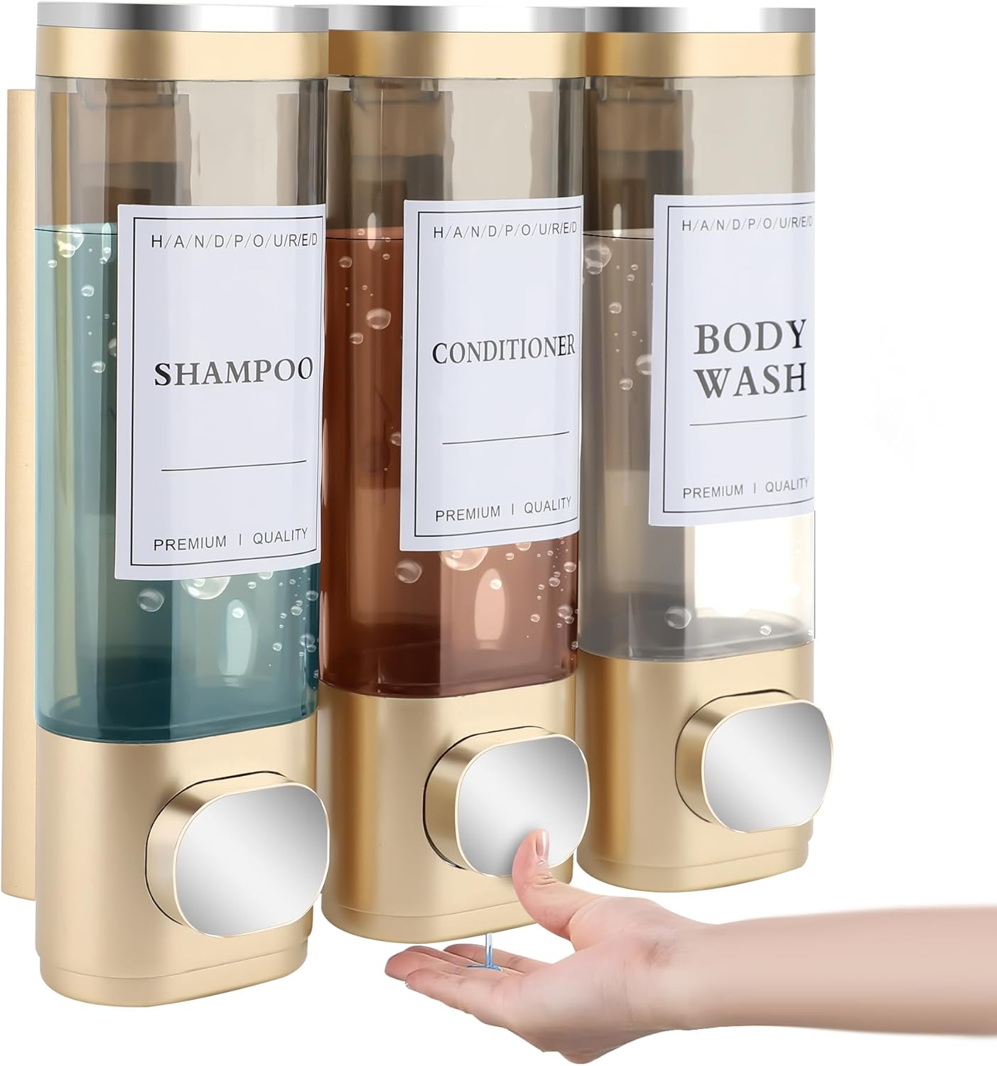 MEKOTRIN Shampoo and Conditioner Dispenser, Soap Dispenser Wall Mounted 3 Chamber Shower Gel Dispenser Hand Washing Liquid Dispenser ABS No Drill Set for Bathroom Kitchen 300ML*3 5 Colors(Gold)-0