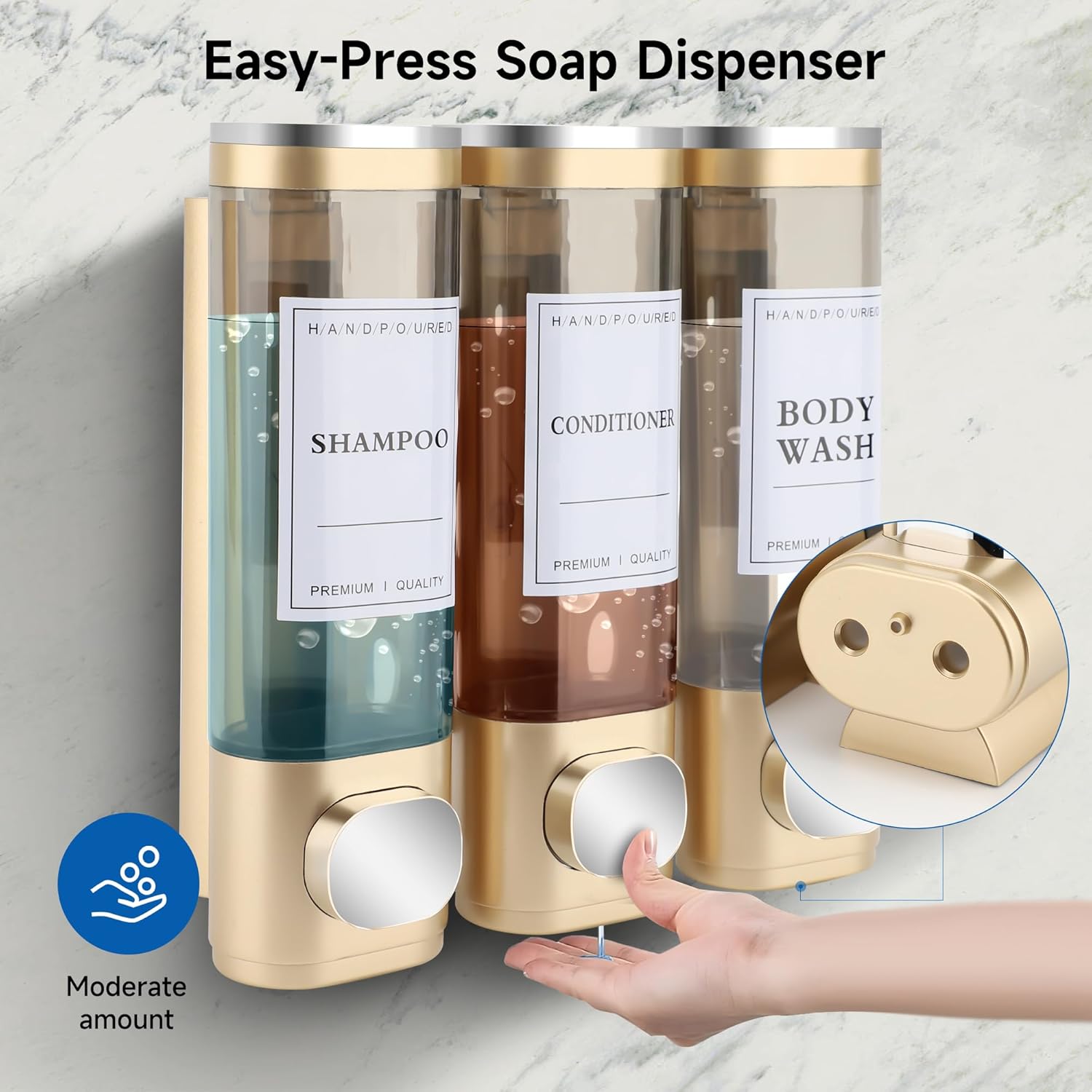 MEKOTRIN Shampoo and Conditioner Dispenser, Soap Dispenser Wall Mounted 3 Chamber Shower Gel Dispenser Hand Washing Liquid Dispenser ABS No Drill Set for Bathroom Kitchen 300ML*3 5 Colors(Gold)-1