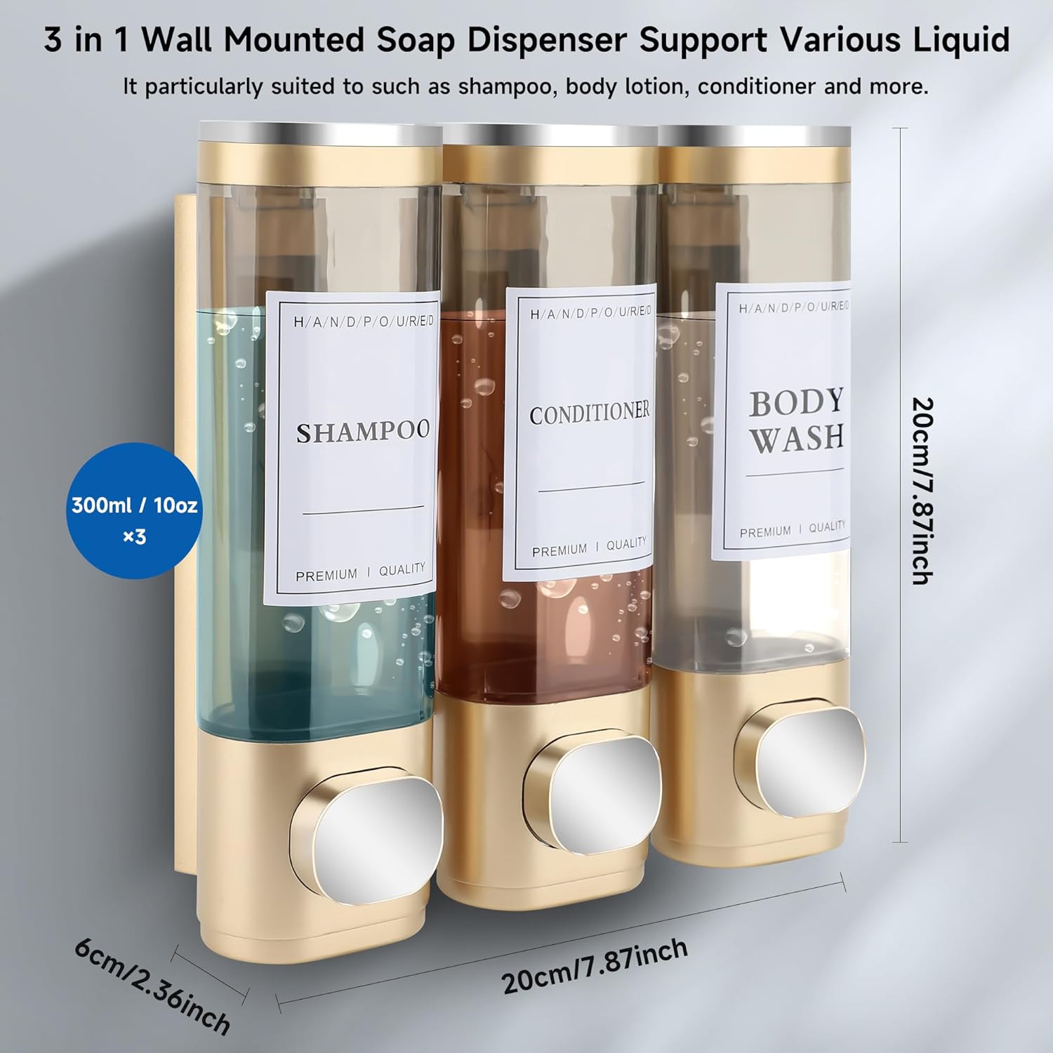 MEKOTRIN Shampoo and Conditioner Dispenser, Soap Dispenser Wall Mounted 3 Chamber Shower Gel Dispenser Hand Washing Liquid Dispenser ABS No Drill Set for Bathroom Kitchen 300ML*3 5 Colors(Gold)-2