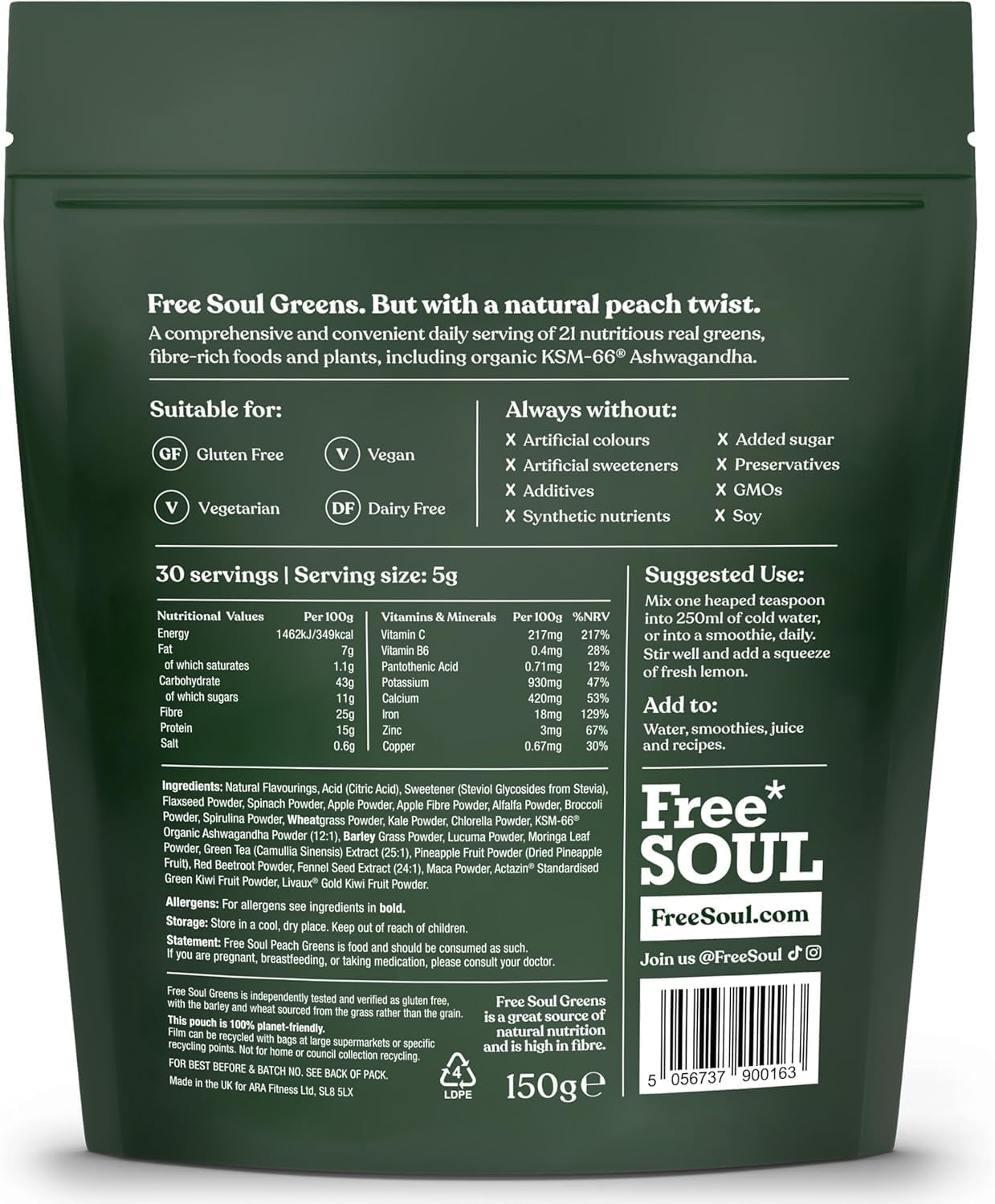 Free Soul Greens - 21 Advanced Greens, Superfoods, and Adaptogens Including KSM-66 Ashwagandha, Vegan & Gluten-Free, Advanced Natural Formula, UK Made, 30 Servings (Peach)-1