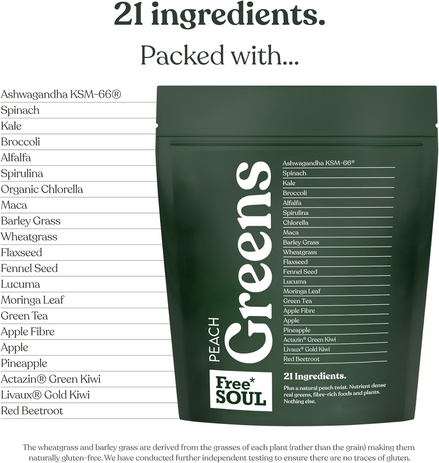 Free Soul Greens - 21 Advanced Greens, Superfoods, and Adaptogens Including KSM-66 Ashwagandha, Vegan & Gluten-Free, Advanced Natural Formula, UK Made, 30 Servings (Peach)-3