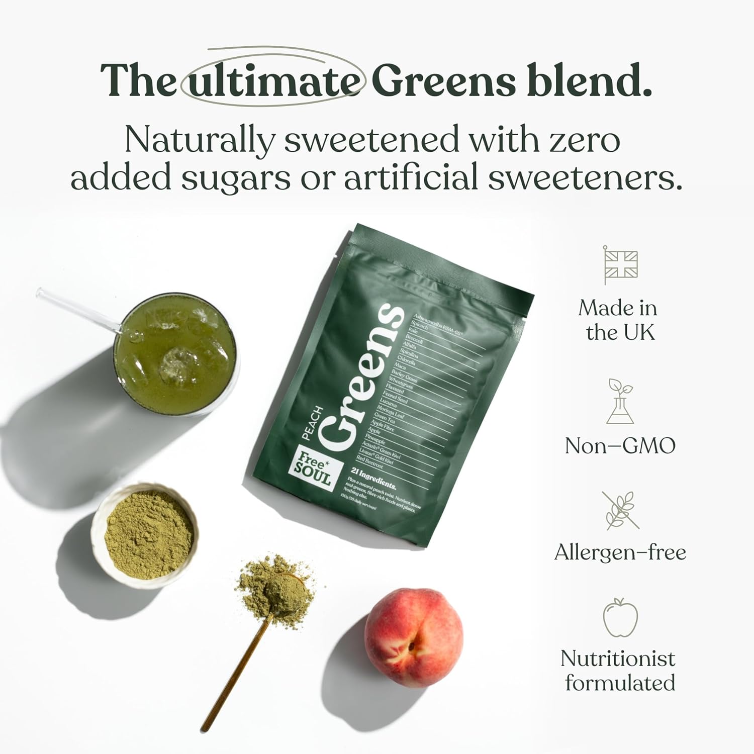 Free Soul Greens - 21 Advanced Greens, Superfoods, and Adaptogens Including KSM-66 Ashwagandha, Vegan & Gluten-Free, Advanced Natural Formula, UK Made, 30 Servings (Peach)-7