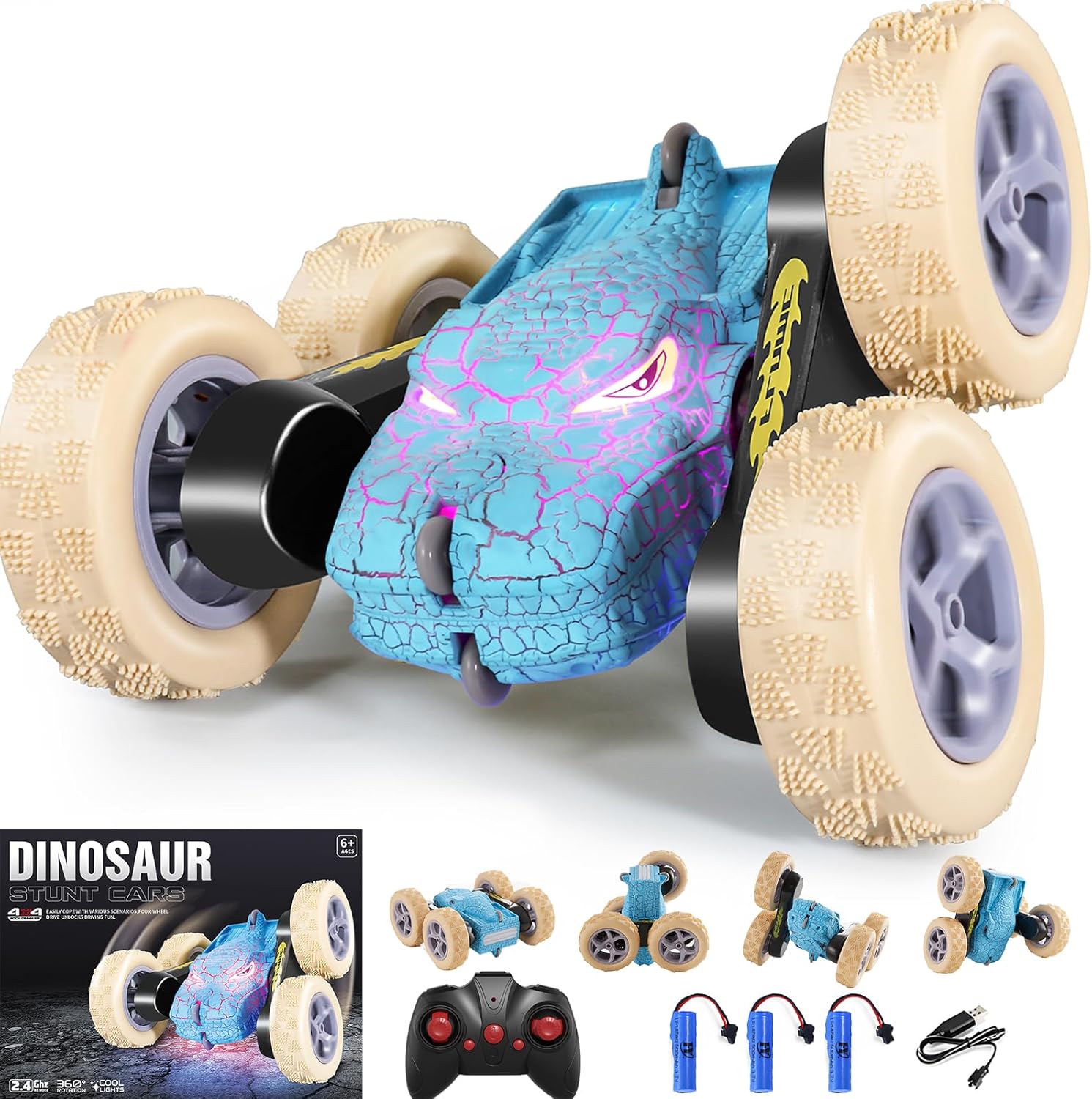 Warmiehomy Remote Control Cars for 6 7 8 Year Old Boys Gifts, Dinosaur Stunt Car with LED Light 2.4GHZ Remote Car Toys 4WD RC Car Double Sided 360° Rotating, Blue-0