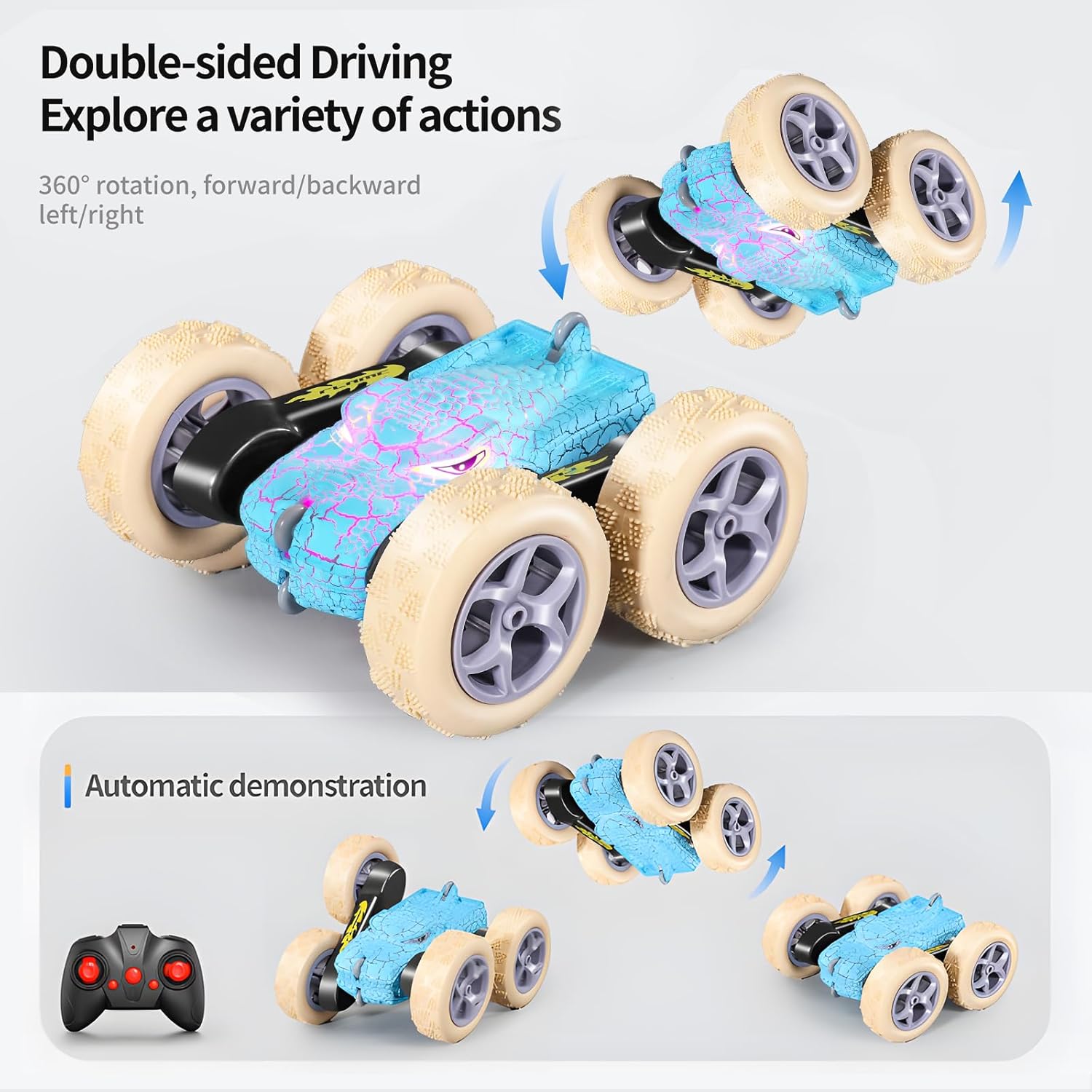 Warmiehomy Remote Control Cars for 6 7 8 Year Old Boys Gifts, Dinosaur Stunt Car with LED Light 2.4GHZ Remote Car Toys 4WD RC Car Double Sided 360° Rotating, Blue-1