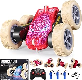 Warmiehomy Remote Control Cars for 6 7 8 Year Old Boys Gilrs Gifts, Dinosaur Stunt Car with LED Light 2.4GHZ Remote Car Toys 4WD RC Car Double Sided 360° Rotating, Red