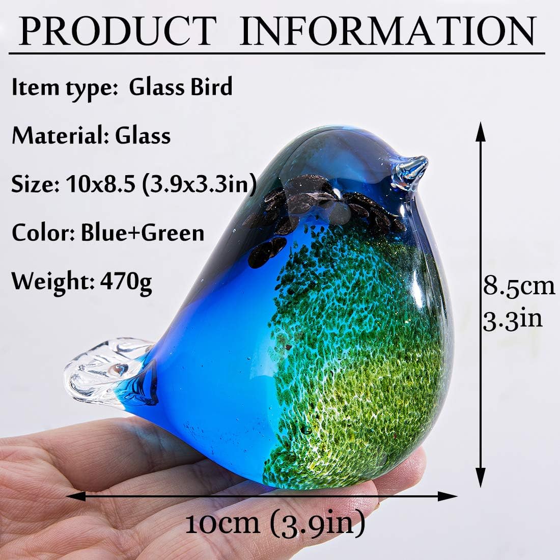 HDCRYSTALGIFTS Blown Glass Bird Handmade Glass Figurine Collectibles Christmas, Birthday Gift Decorative Statue Ornaments for Home Blue and Green Paper Weight-1