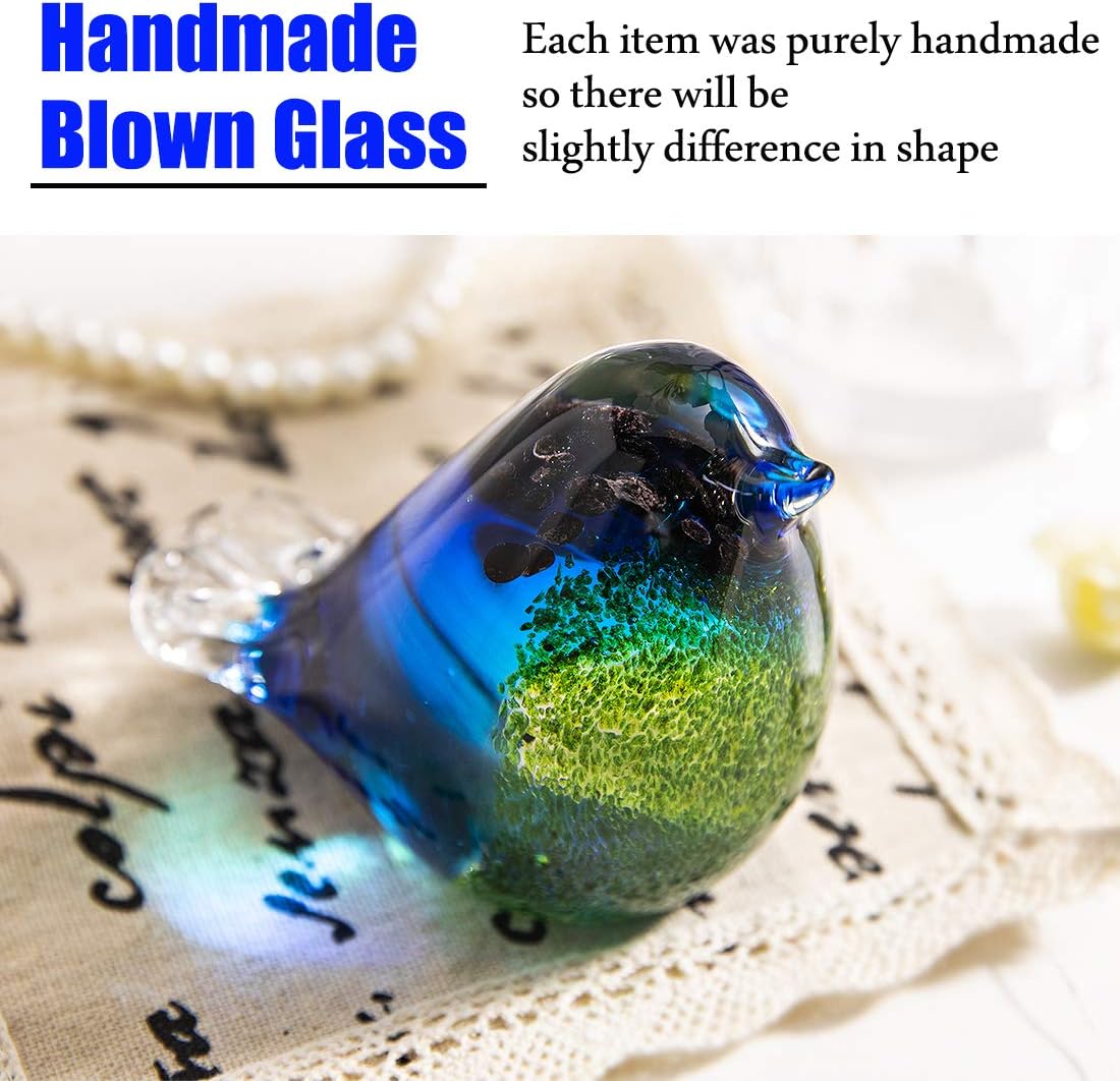 HDCRYSTALGIFTS Blown Glass Bird Handmade Glass Figurine Collectibles Christmas, Birthday Gift Decorative Statue Ornaments for Home Blue and Green Paper Weight-2