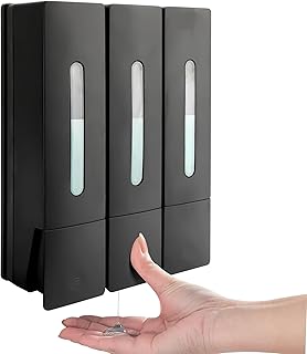 MEKOTRIN Soap Dispenser Wall Mounted, 400ML x 3 Shampoo and Conditioner Dispenser 3 Chamber Shower Gel Dispenser Hand Washing Liquid Dispenser ABS No Drill Set for Bathroom Kitchen 2 Colors(Black)