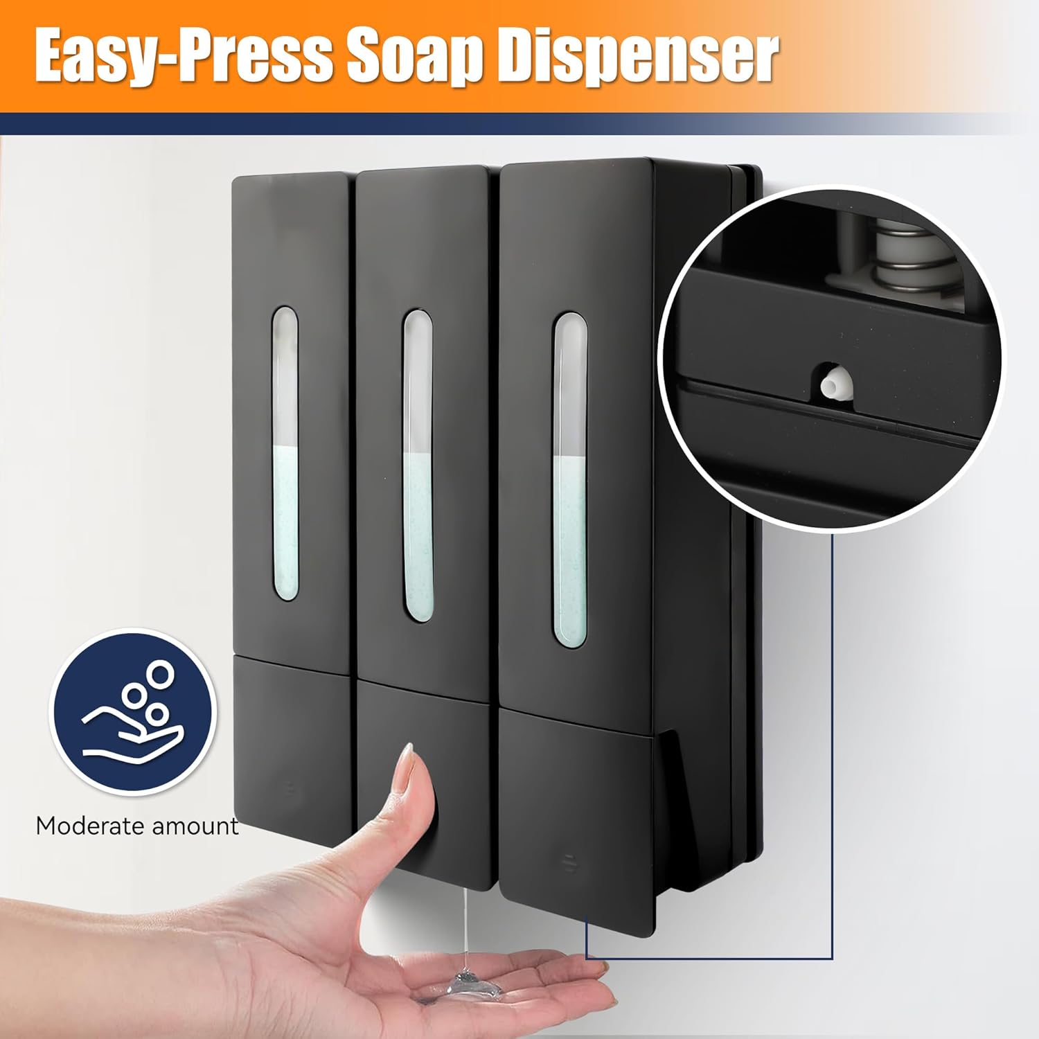 MEKOTRIN Soap Dispenser Wall Mounted, 400ML x 3 Shampoo and Conditioner Dispenser 3 Chamber Shower Gel Dispenser Hand Washing Liquid Dispenser ABS No Drill Set for Bathroom Kitchen 2 Colors(Black)-2