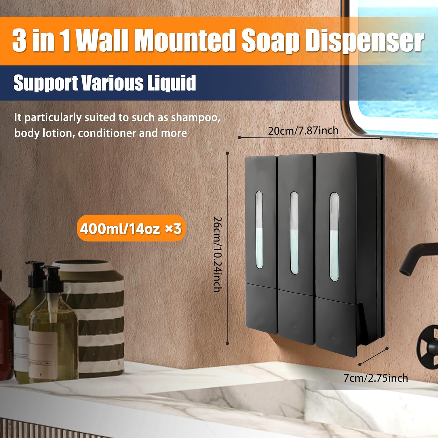 MEKOTRIN Soap Dispenser Wall Mounted, 400ML x 3 Shampoo and Conditioner Dispenser 3 Chamber Shower Gel Dispenser Hand Washing Liquid Dispenser ABS No Drill Set for Bathroom Kitchen 2 Colors(Black)-3