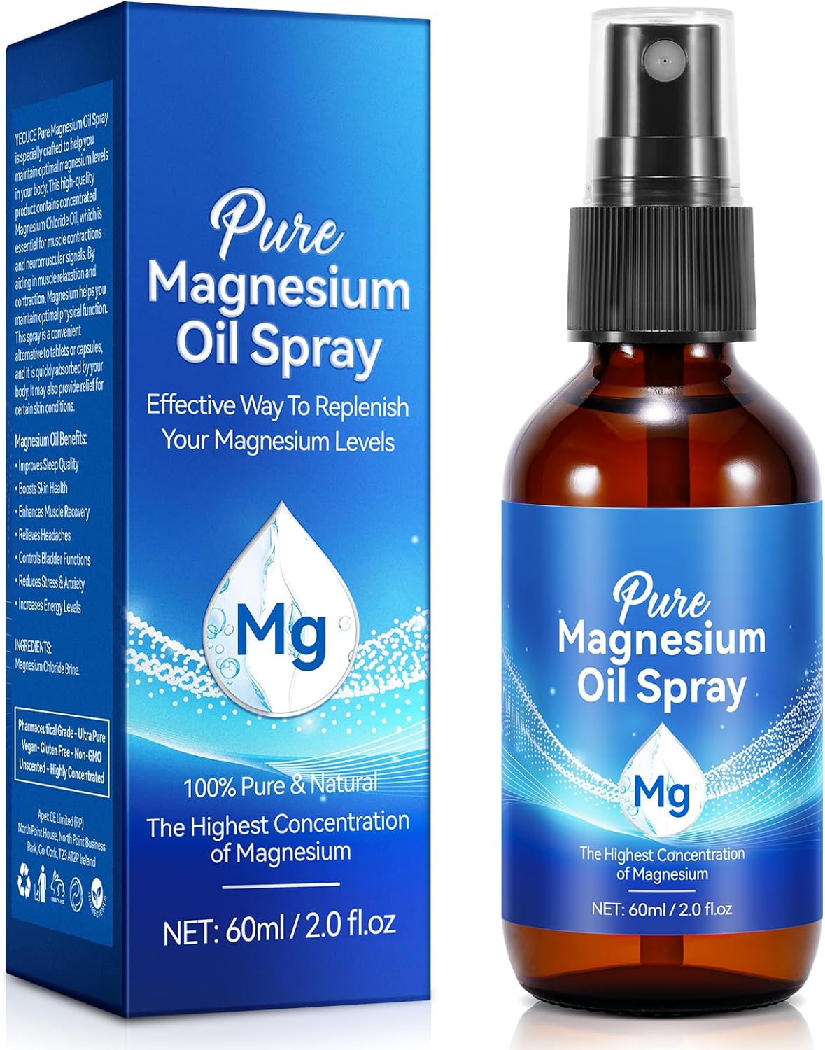 Pure Magnesium Oil Spray 100% Natural Topical Magnesium Spray for Feet and Body, Magnesium Spray High Absorption,Non-GMO Magnesium Spray for Feet,Supports Muscle Recovery and Leg Cramps, 60ML-0