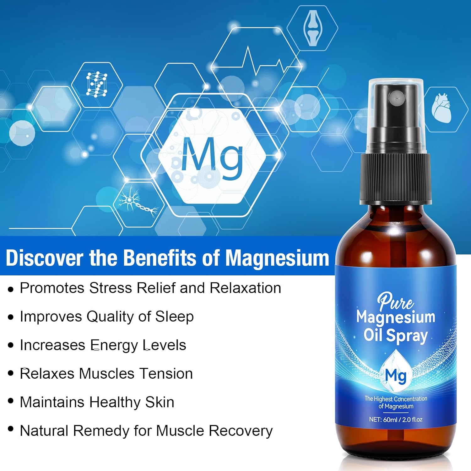 Pure Magnesium Oil Spray 100% Natural Topical Magnesium Spray for Feet and Body, Magnesium Spray High Absorption,Non-GMO Magnesium Spray for Feet,Supports Muscle Recovery and Leg Cramps, 60ML-4