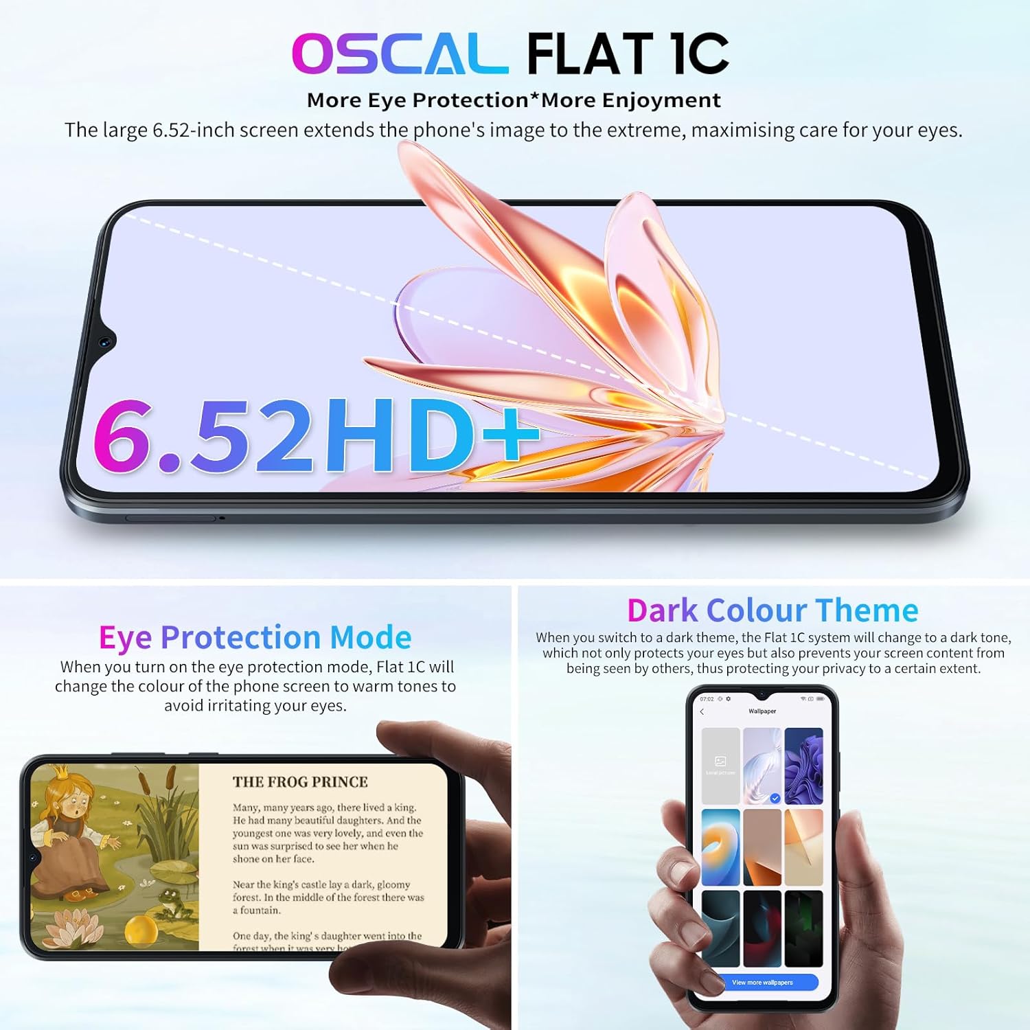 OSCAL FLAT 1C Mobile Phones Android 13 Smartphone, 6.52" HD+ Water Drop Screen, 4GB+32GB/ TF 1TB, Octa Core, 4700mAh, 4G Dual Sim Phone, Face Unlock, GPS, OTG, Eye-care Mode, Power Saving Mode - Black-1