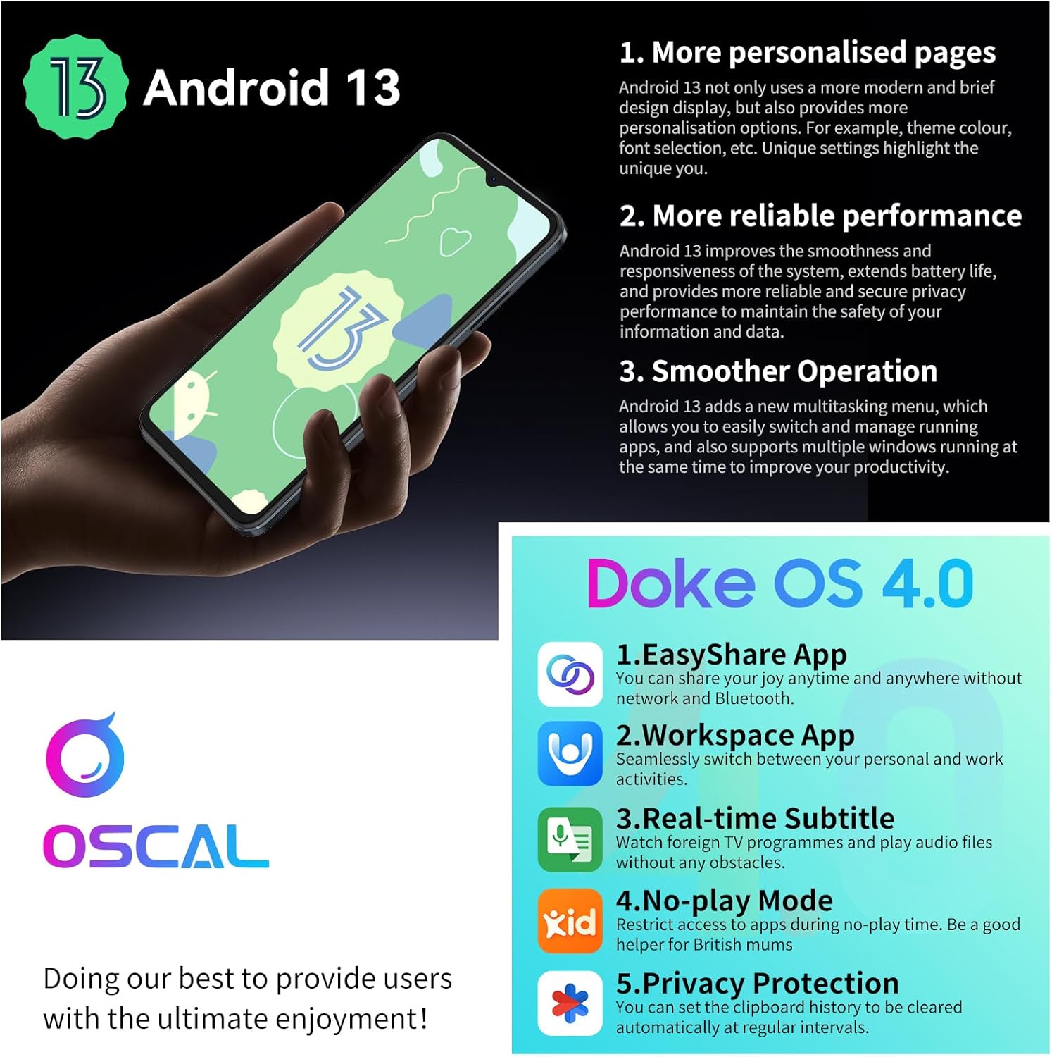 OSCAL FLAT 1C Mobile Phones Android 13 Smartphone, 6.52" HD+ Water Drop Screen, 4GB+32GB/ TF 1TB, Octa Core, 4700mAh, 4G Dual Sim Phone, Face Unlock, GPS, OTG, Eye-care Mode, Power Saving Mode - Black-2