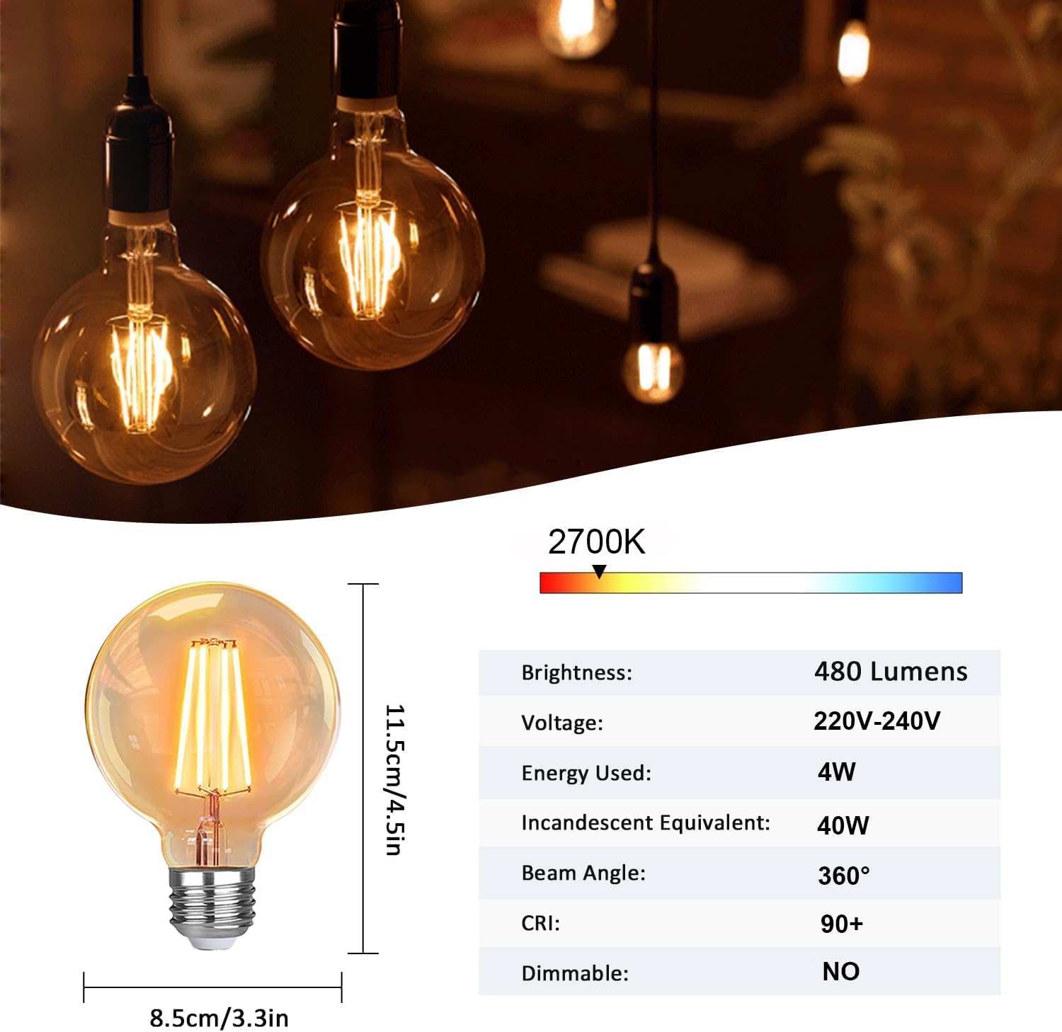 DayAuro G80 Led Edison Light Bulb,E27 Screw Bulb,90% Energy Saving, Non-Dimmable,220V 4W(40W Equivalent) 400 Lumen Warm White 2700K CRI>90 (6)-1