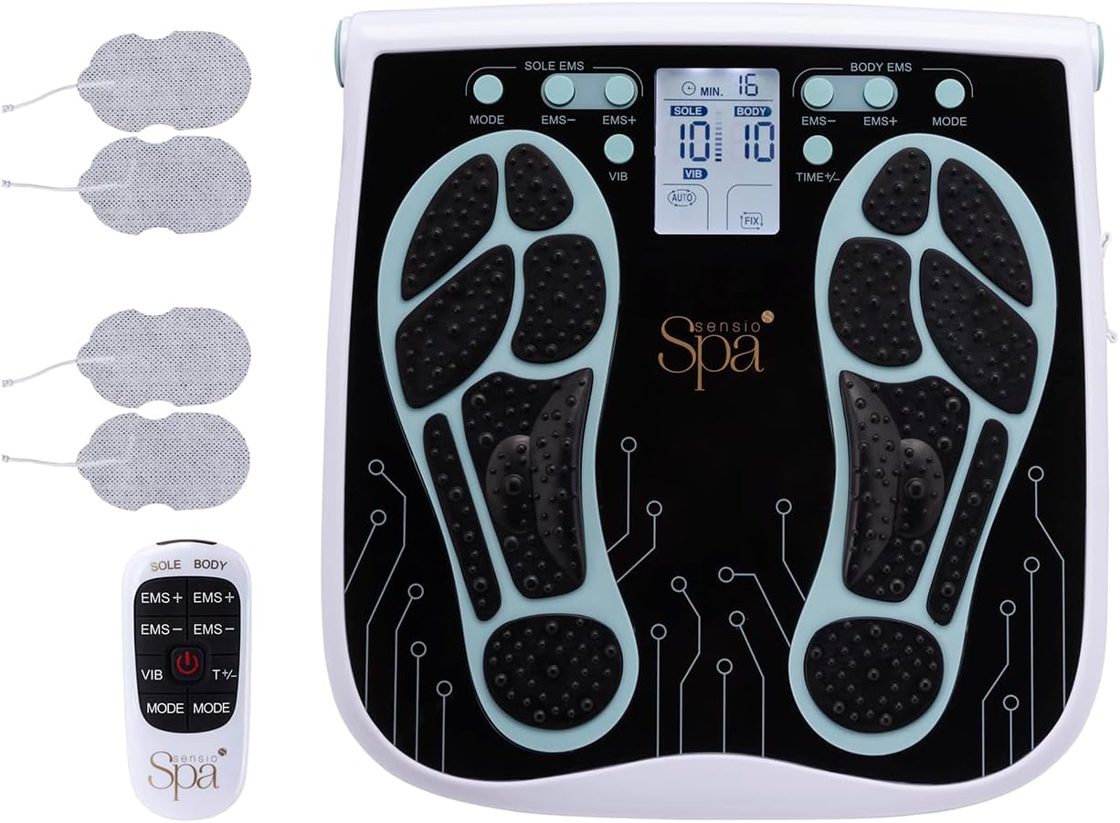 Sensio Spa Foot & Legs Blood Circulation Machine with 99 Intensity Levels, Includes 4 Gel Pads for Legs, Back & Shoulders, EMS & TENS, Remote Control, Mains or Battery Powered-0