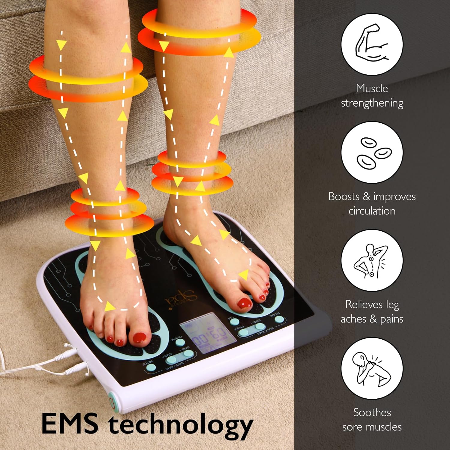 Sensio Spa Foot & Legs Blood Circulation Machine with 99 Intensity Levels, Includes 4 Gel Pads for Legs, Back & Shoulders, EMS & TENS, Remote Control, Mains or Battery Powered-1